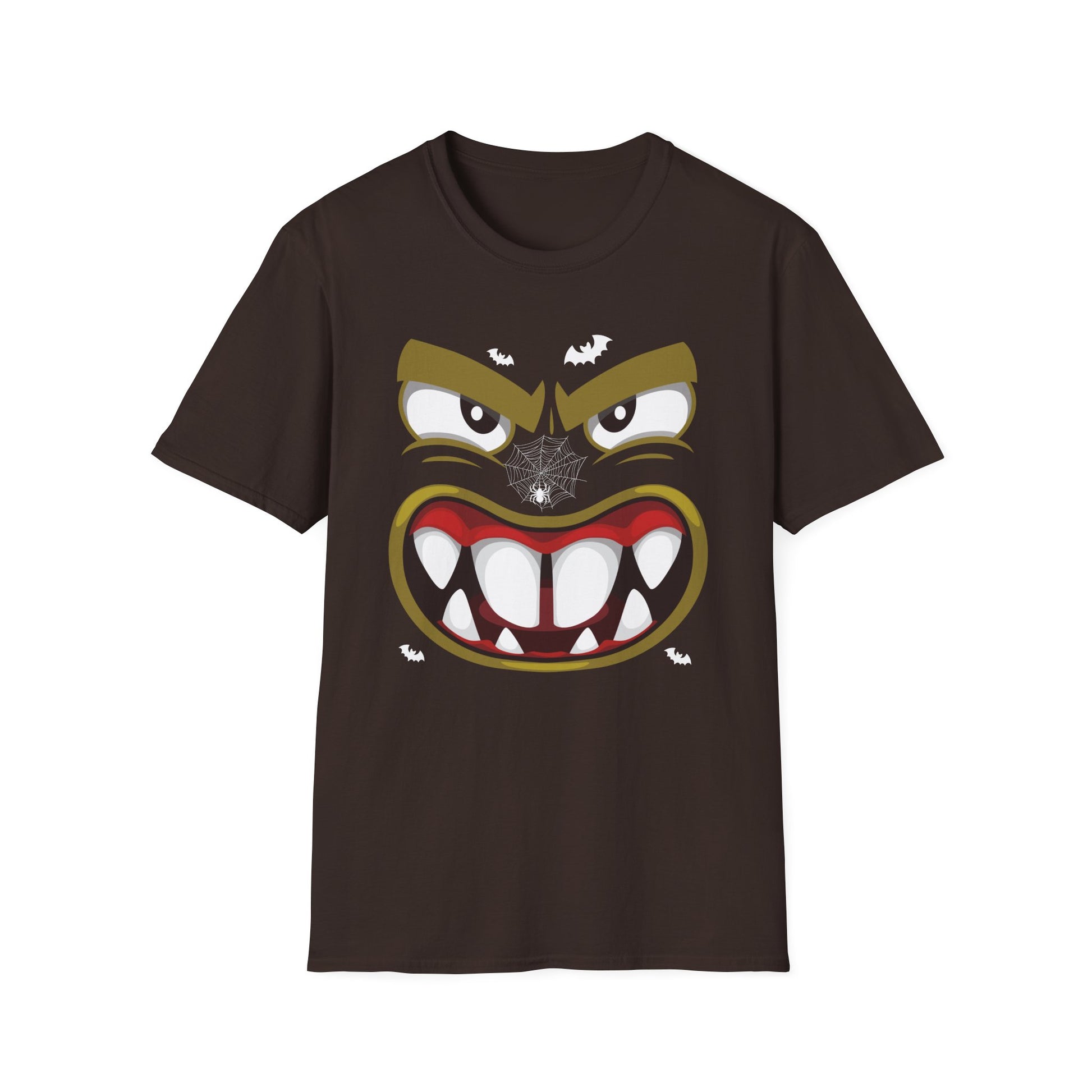 Scary Halloween Monster Face T-Shirt — Creepy Grinning Design with Spider Web