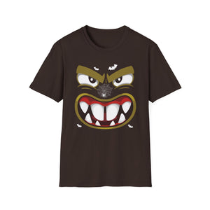 Scary Halloween Monster Face T-Shirt — Creepy Grinning Design with Spider Web