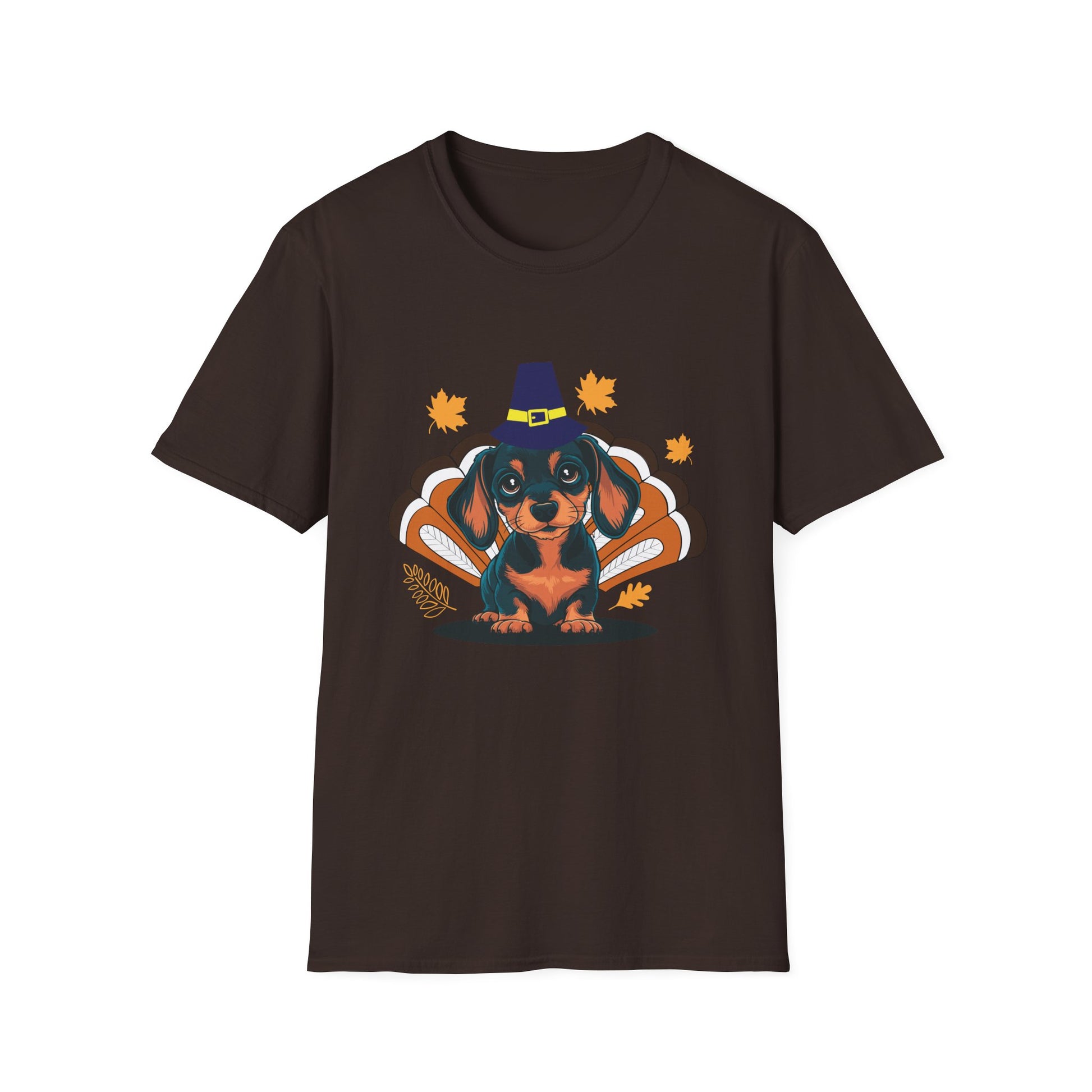 Thanksgiving Dachshund T-Shirt — Cute Turkey Costume Pup with Witch Hat & Autumn Leaves  Unisex T-Shirt