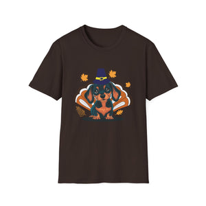Thanksgiving Dachshund T-Shirt — Cute Turkey Costume Pup with Witch Hat & Autumn Leaves  Unisex T-Shirt