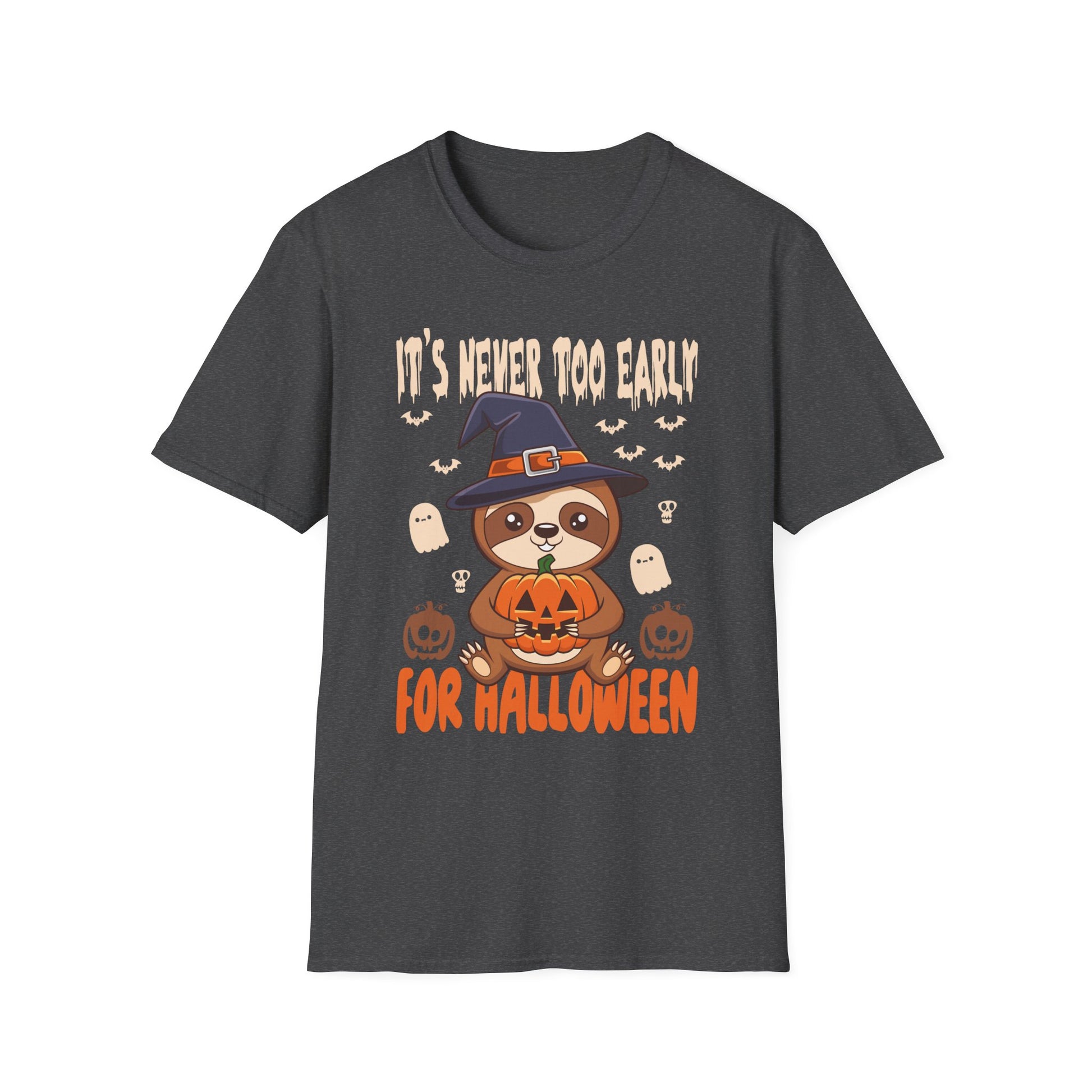Halloween Sloth T-Shirt — "It's Never Too Early For Halloween" Cute Witch Sloth Pumpkin Tee