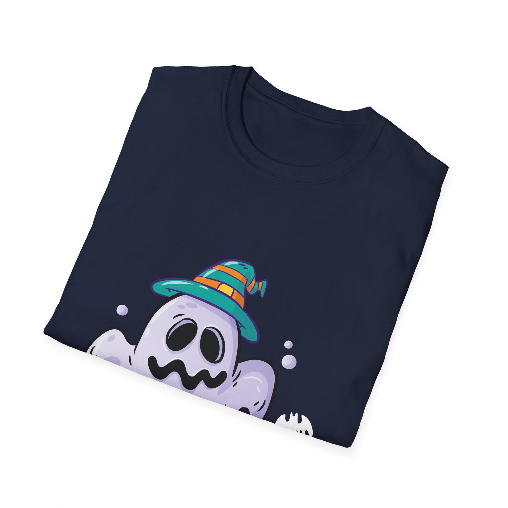 Cute Ghost Halloween T-Shirt – Whimsical Ghost with Striped Witch Hat