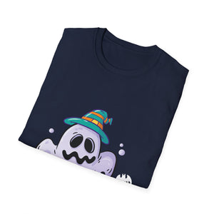 Cute Ghost Halloween T-Shirt – Whimsical Ghost with Striped Witch Hat
