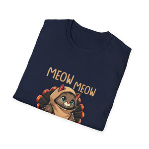 Meow Meow Turkey Cat T‑Shirt — Cute Cartoon Cat Dressed as Turkey, Thanksgiving Tee  Unisex T-Shirt