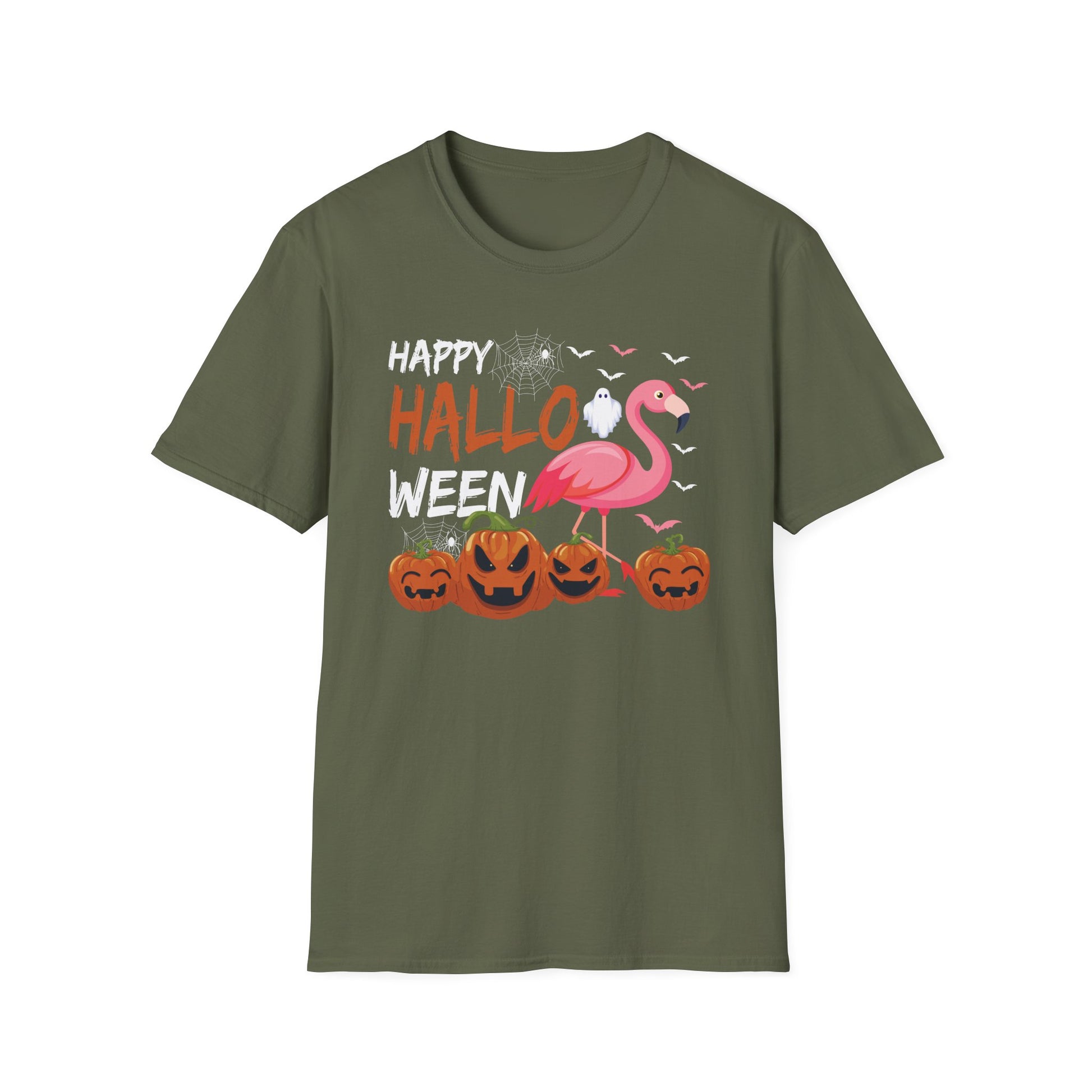 Happy Halloween Flamingo T-Shirt — Cute Pink Flamingo with Jack-O'-Lanterns Halloween Tee