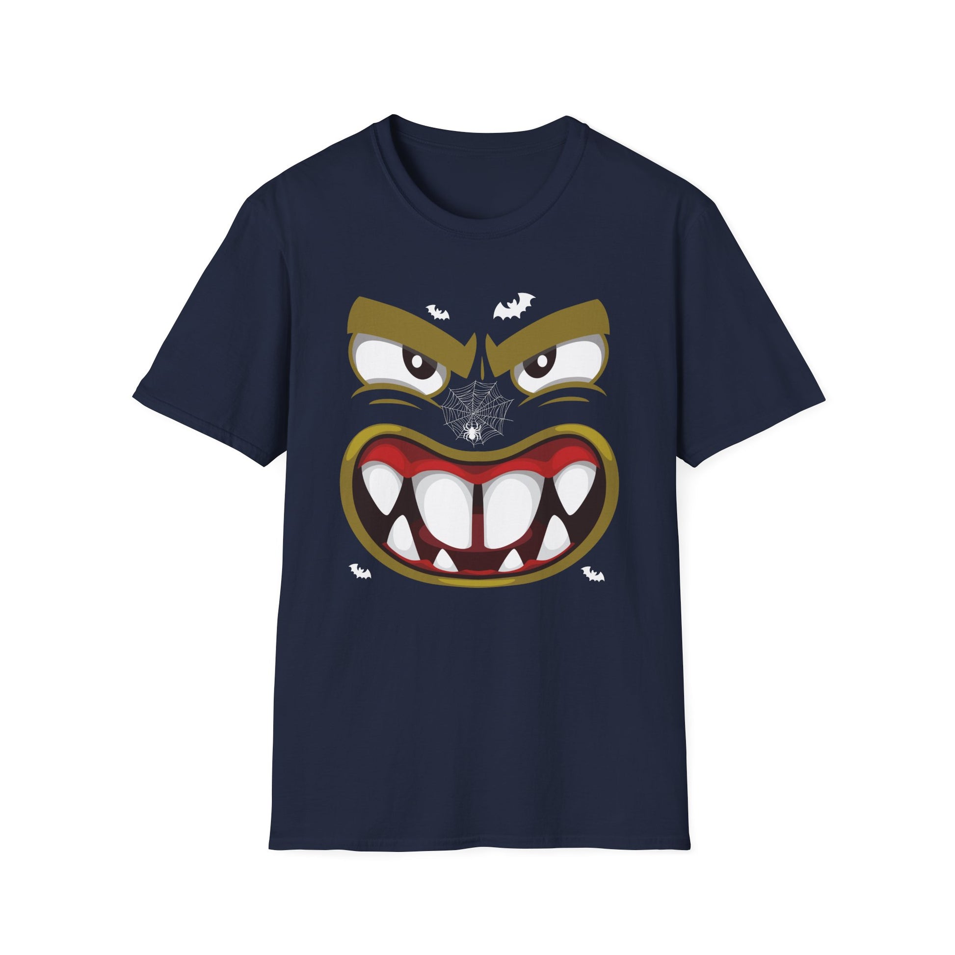 Scary Halloween Monster Face T-Shirt — Creepy Grinning Design with Spider Web
