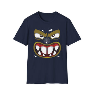 Scary Halloween Monster Face T-Shirt — Creepy Grinning Design with Spider Web