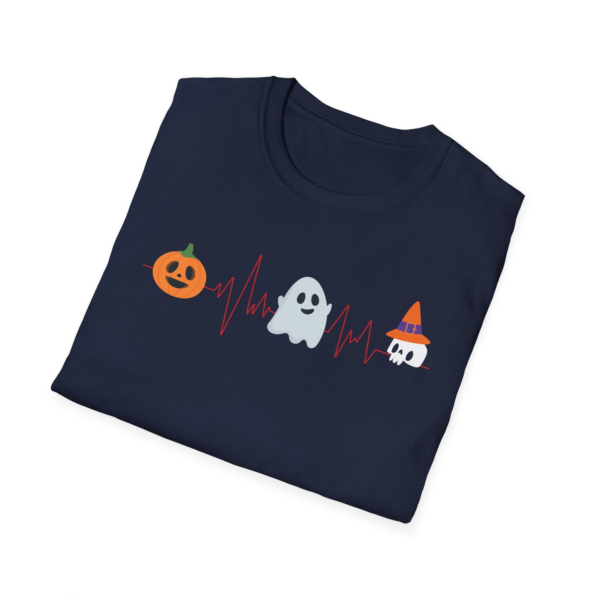 Halloween Heartbeat T-Shirt — Pumpkin, Ghost & Candy Skull Graphic Tee