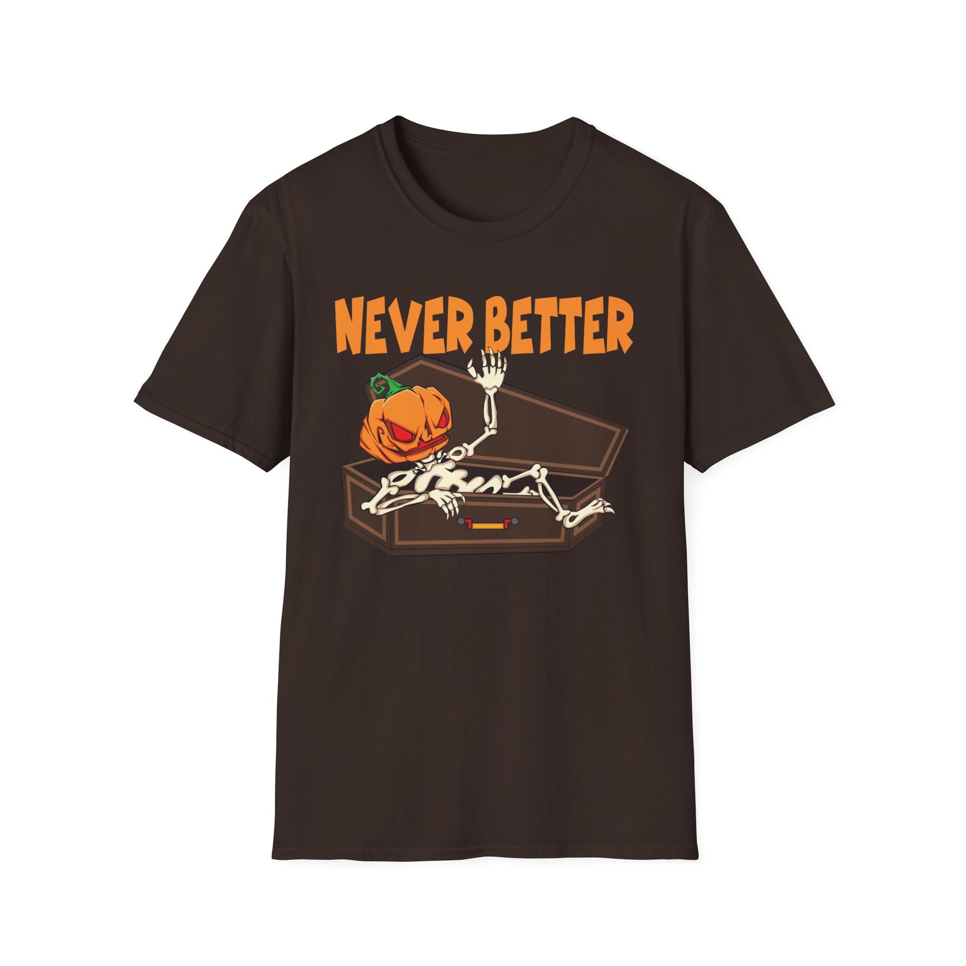 Never Better Halloween T-Shirt — Pumpkin Skeleton Coffin Graphic Tee