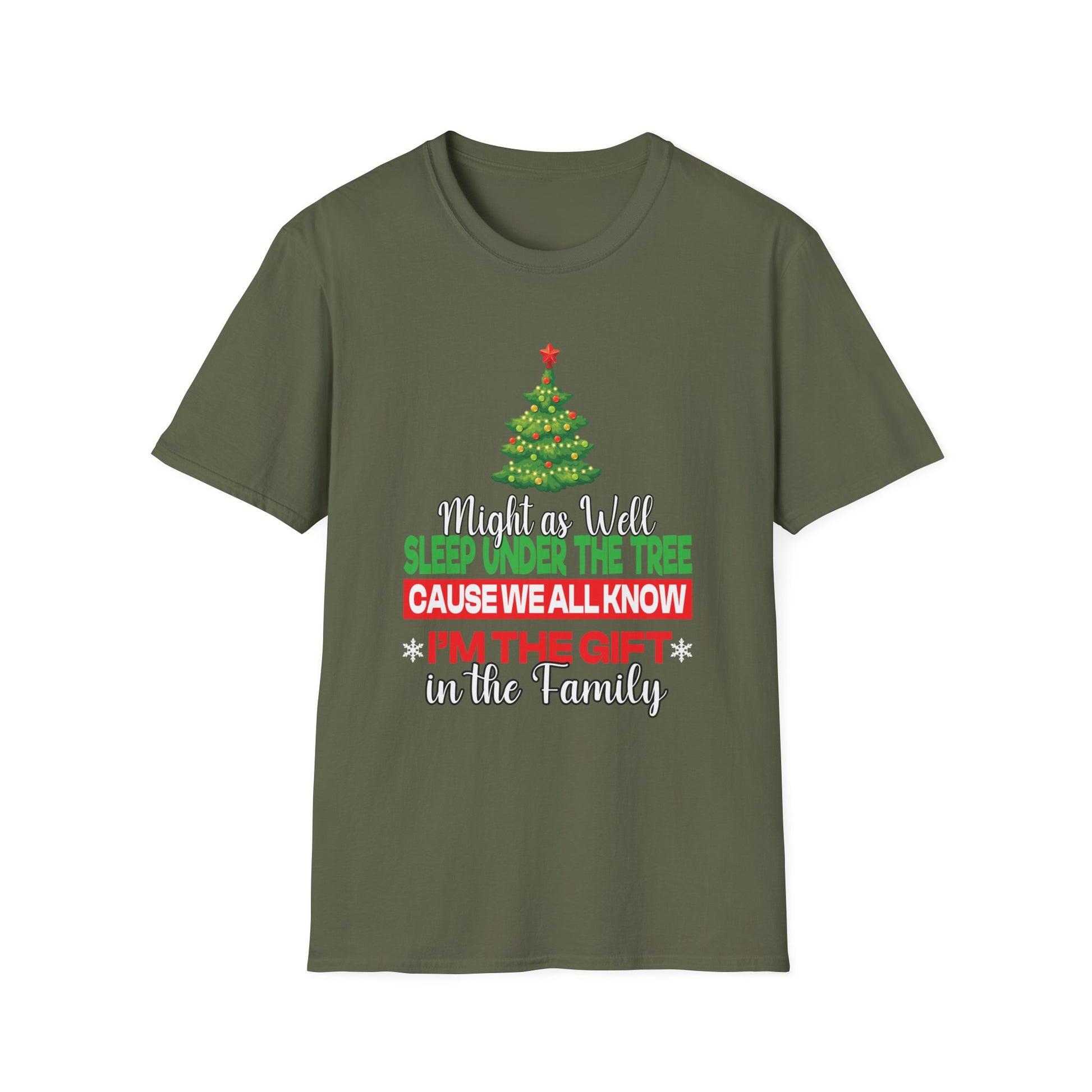 Christmas T-Shirt – "Might as Well Sleep Under the Tree 'Cause We All Know I'm the Gift' Festive Holiday Tee