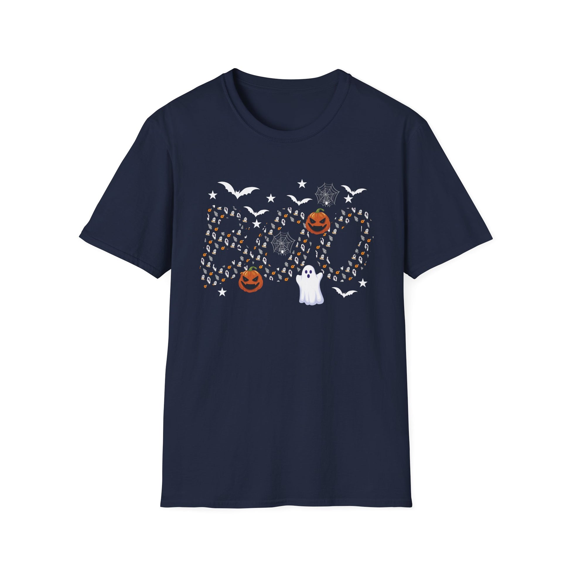 Halloween Boo Ghost Pumpkin T-Shirt — Spooky Bat & Candy Pattern Tee