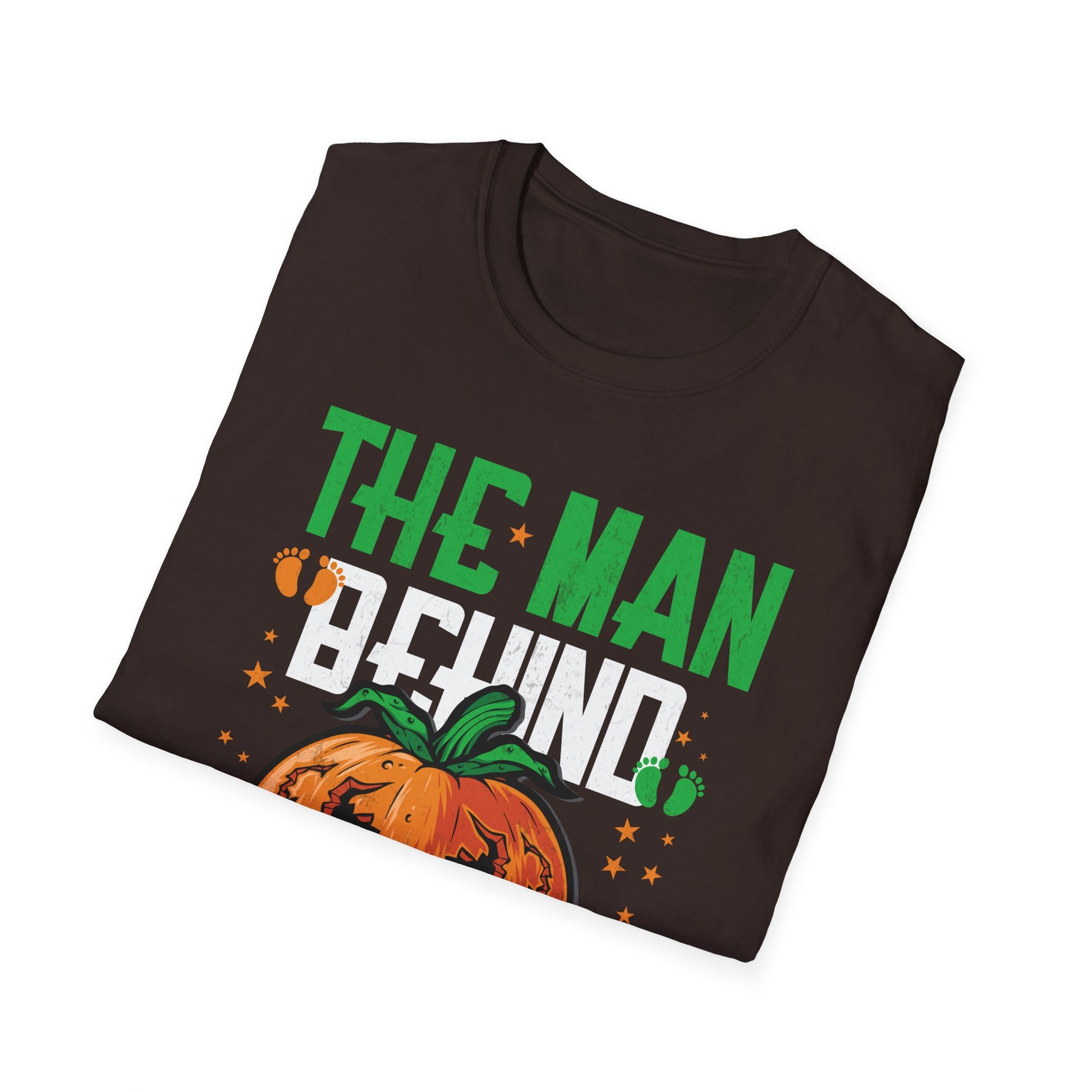 Mens The Man Behind The Pumpkin Dad Halloween Pregnancy Reveal  Unisex Softstyle T-Shirt