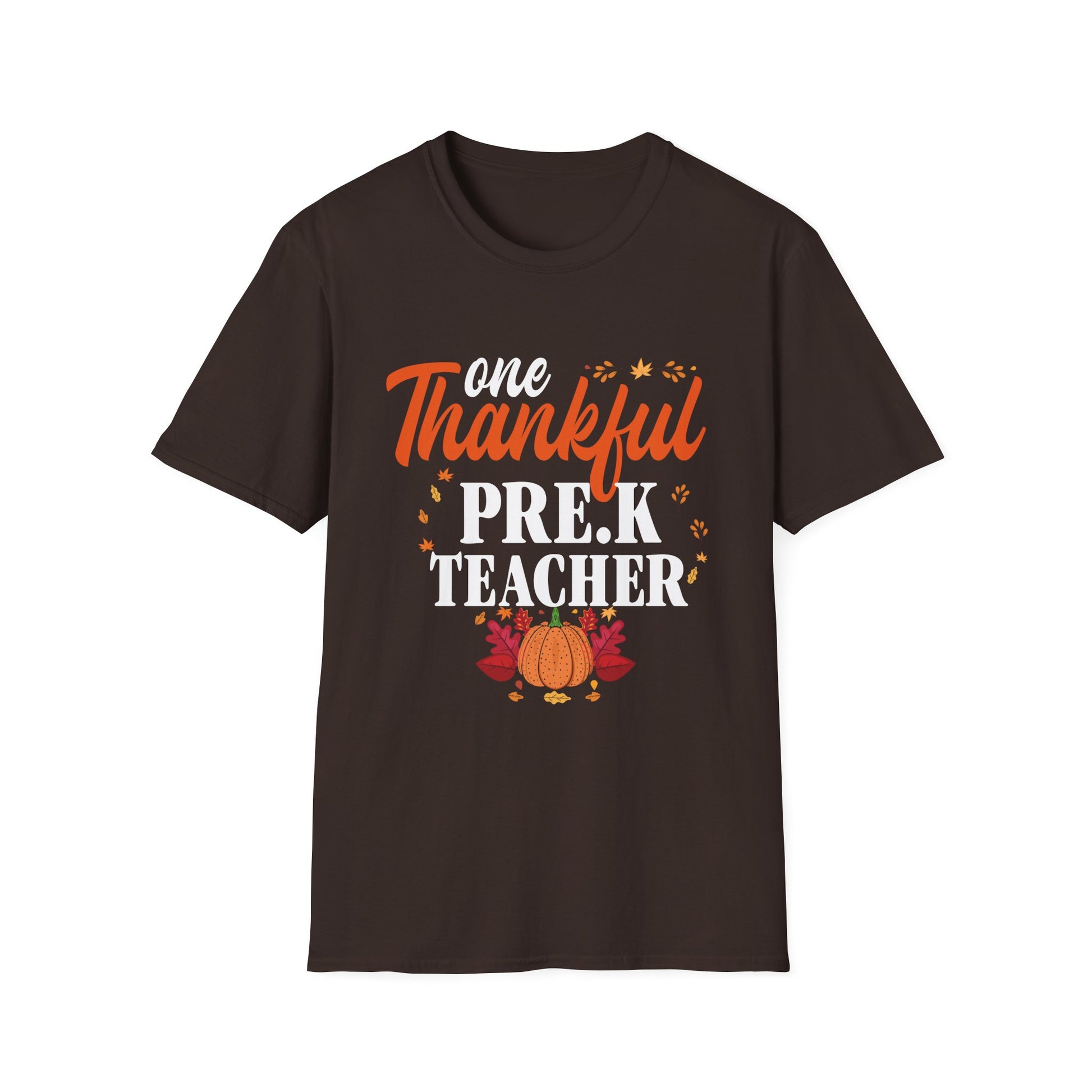One Thankful Pre-K Teacher T-Shirt — Thanksgiving Teacher Tee with Pumpkin & Leaves  Unisex T-Shirt