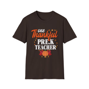 One Thankful Pre-K Teacher T-Shirt — Thanksgiving Teacher Tee with Pumpkin & Leaves  Unisex T-Shirt