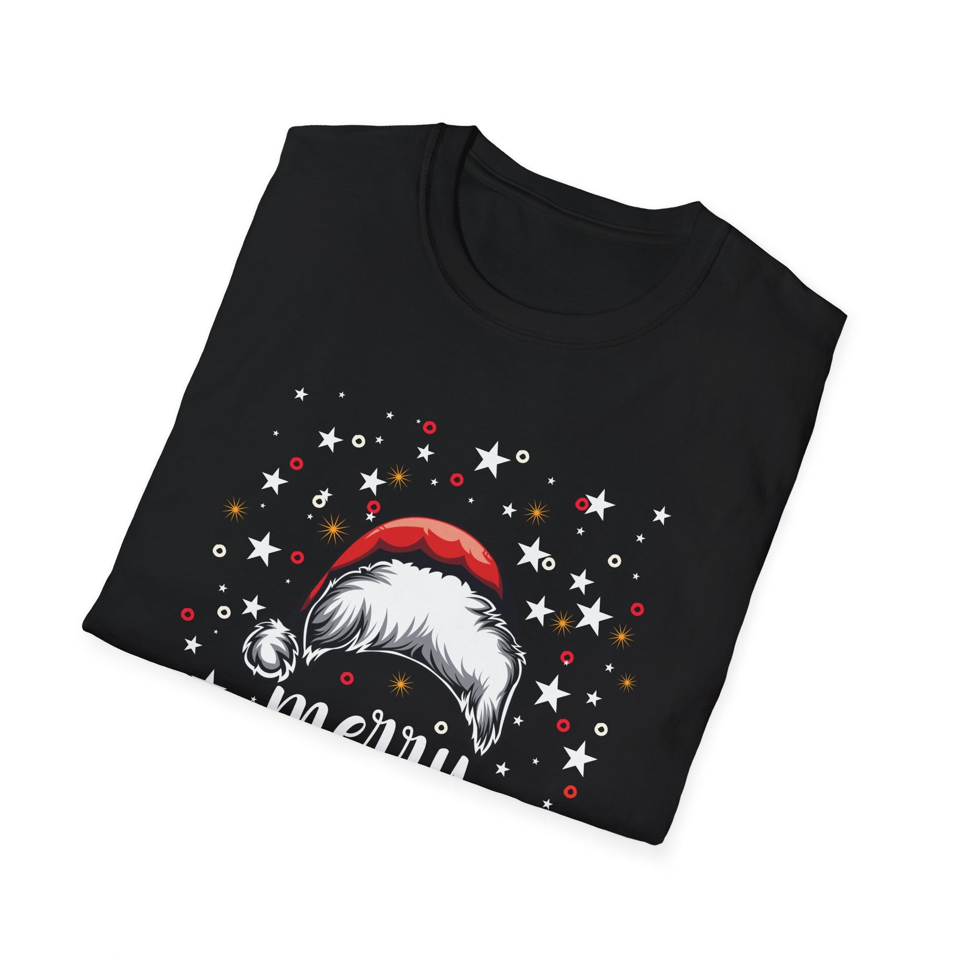 Christmas T-Shirt — "Merry Christmas" Santa Hat & Lights Holiday Tee
