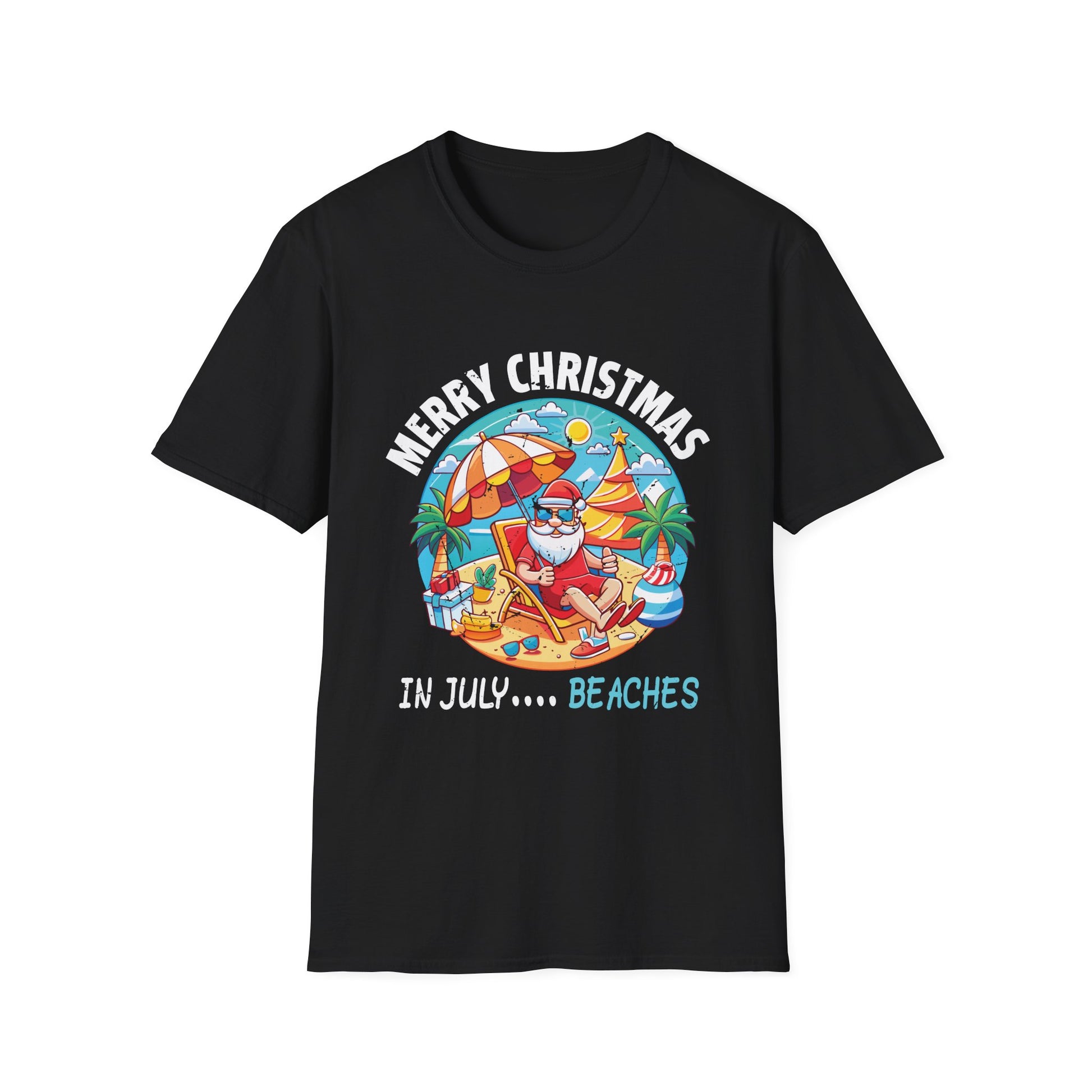 Merry Christmas in July T-Shirt – Santa on the Beach Graphic Tee