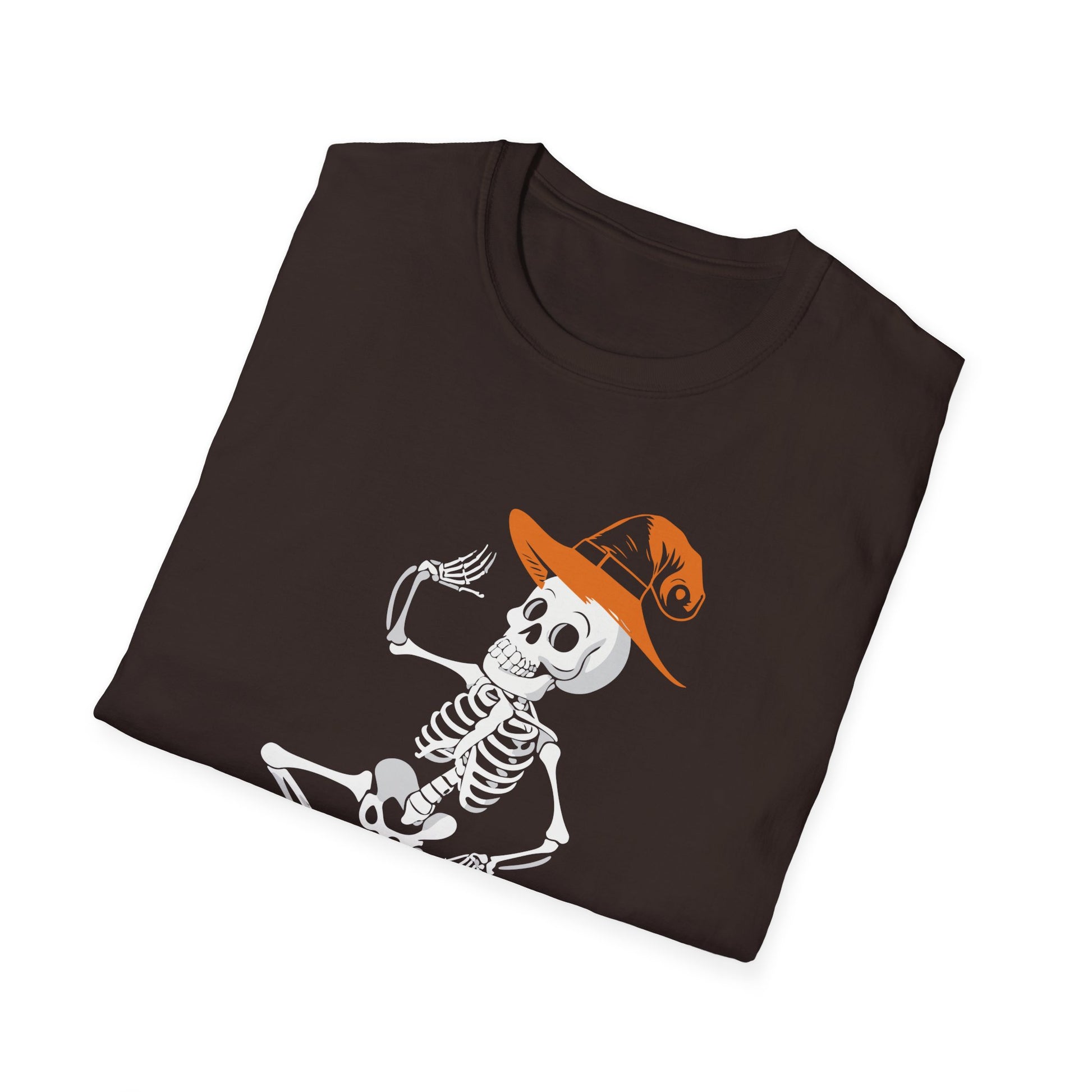 Dancing Skeleton Tee with Orange Witch Hat – Halloween Party T-Shirt