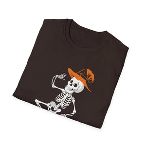 Dancing Skeleton Tee with Orange Witch Hat – Halloween Party T-Shirt