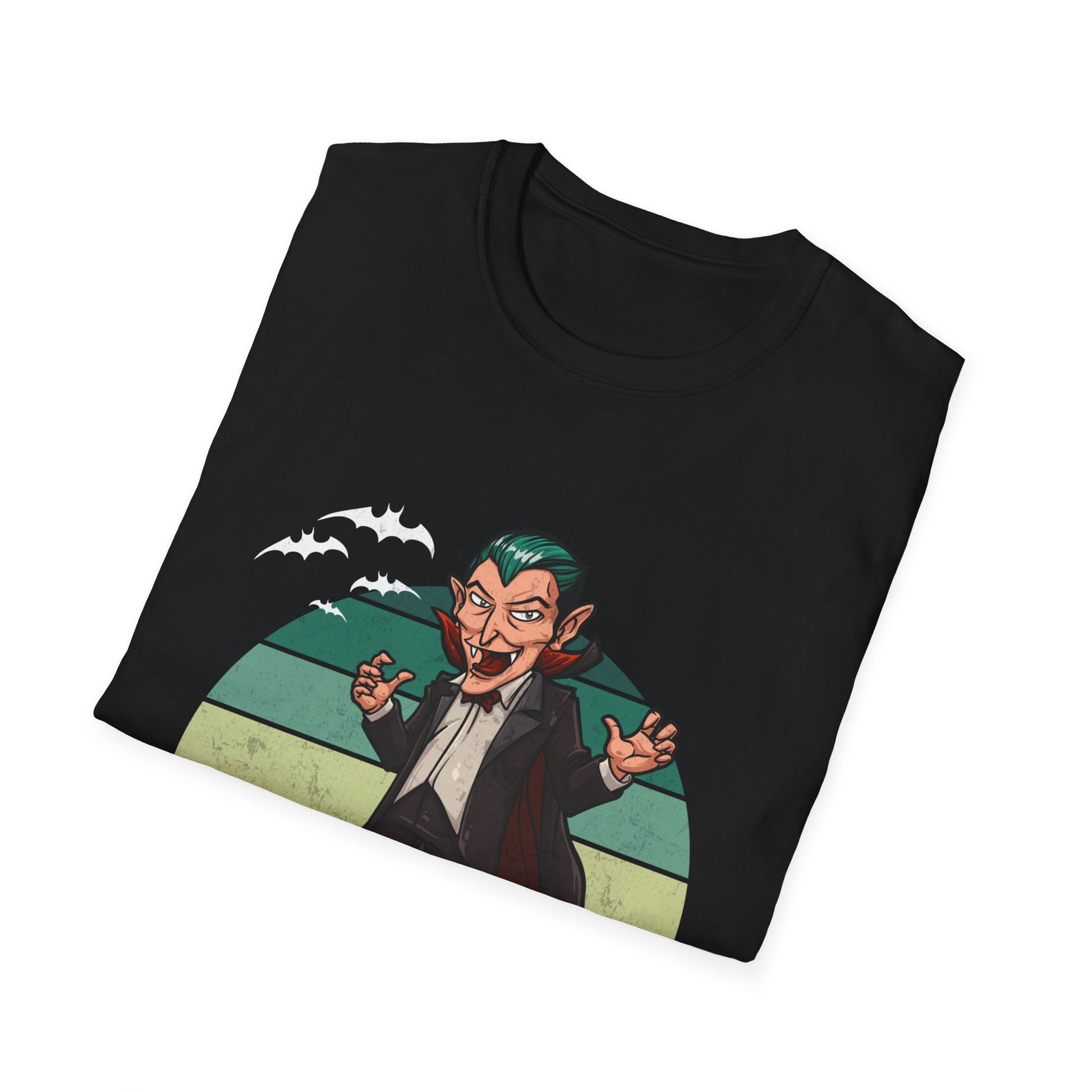 Vampire Cartoon Halloween T-Shirt — Retro Striped Dracula with Pumpkin