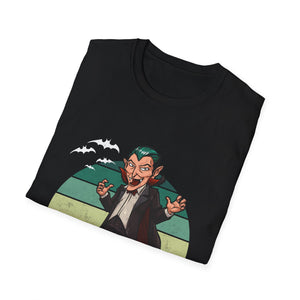 Vampire Cartoon Halloween T-Shirt — Retro Striped Dracula with Pumpkin