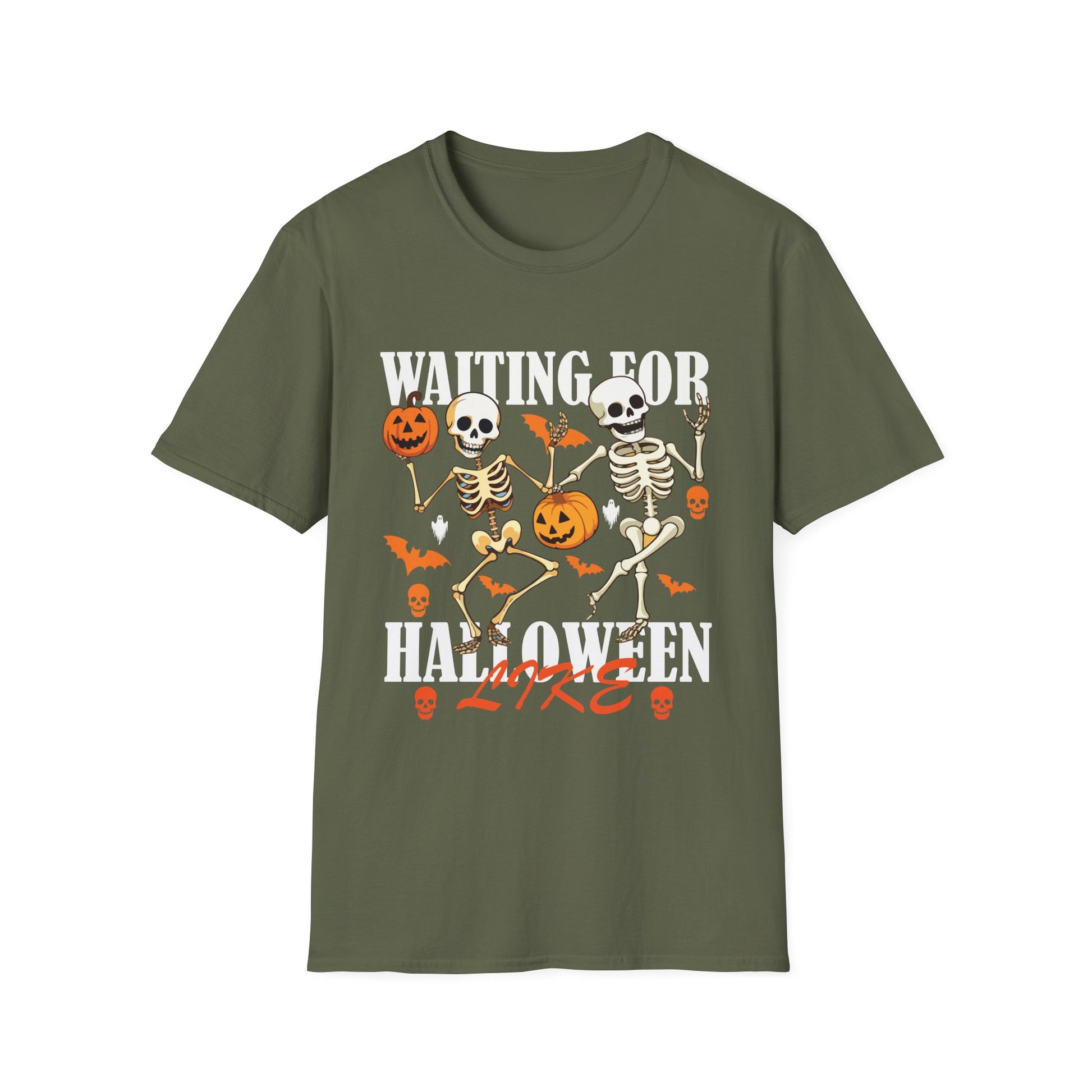 Waiting For Halloween Like T-Shirt — Dancing Skeletons & Pumpkin Halloween Tee