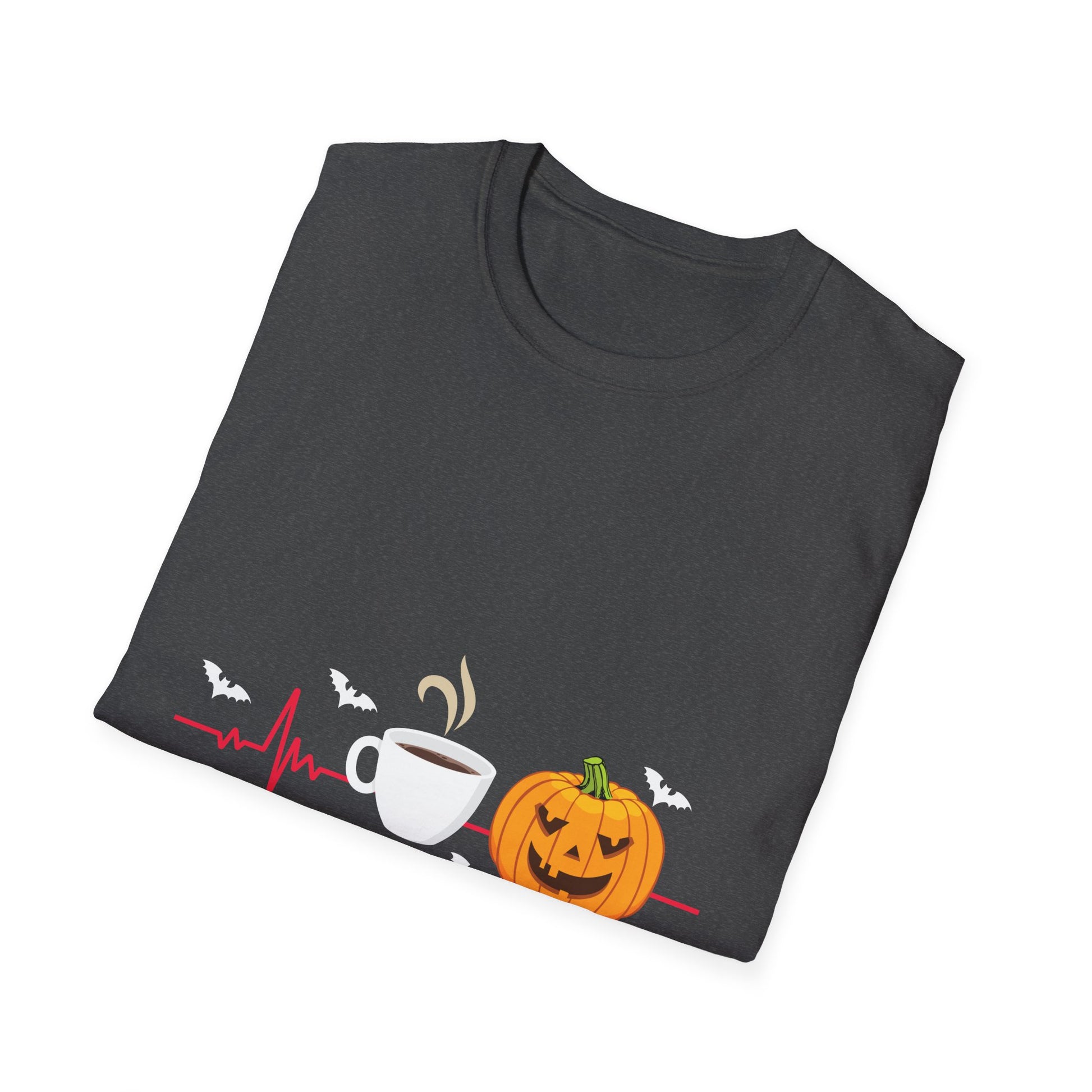Halloween Coffee T-Shirt — Pumpkin, Bat & Heartbeat Graphic Tee