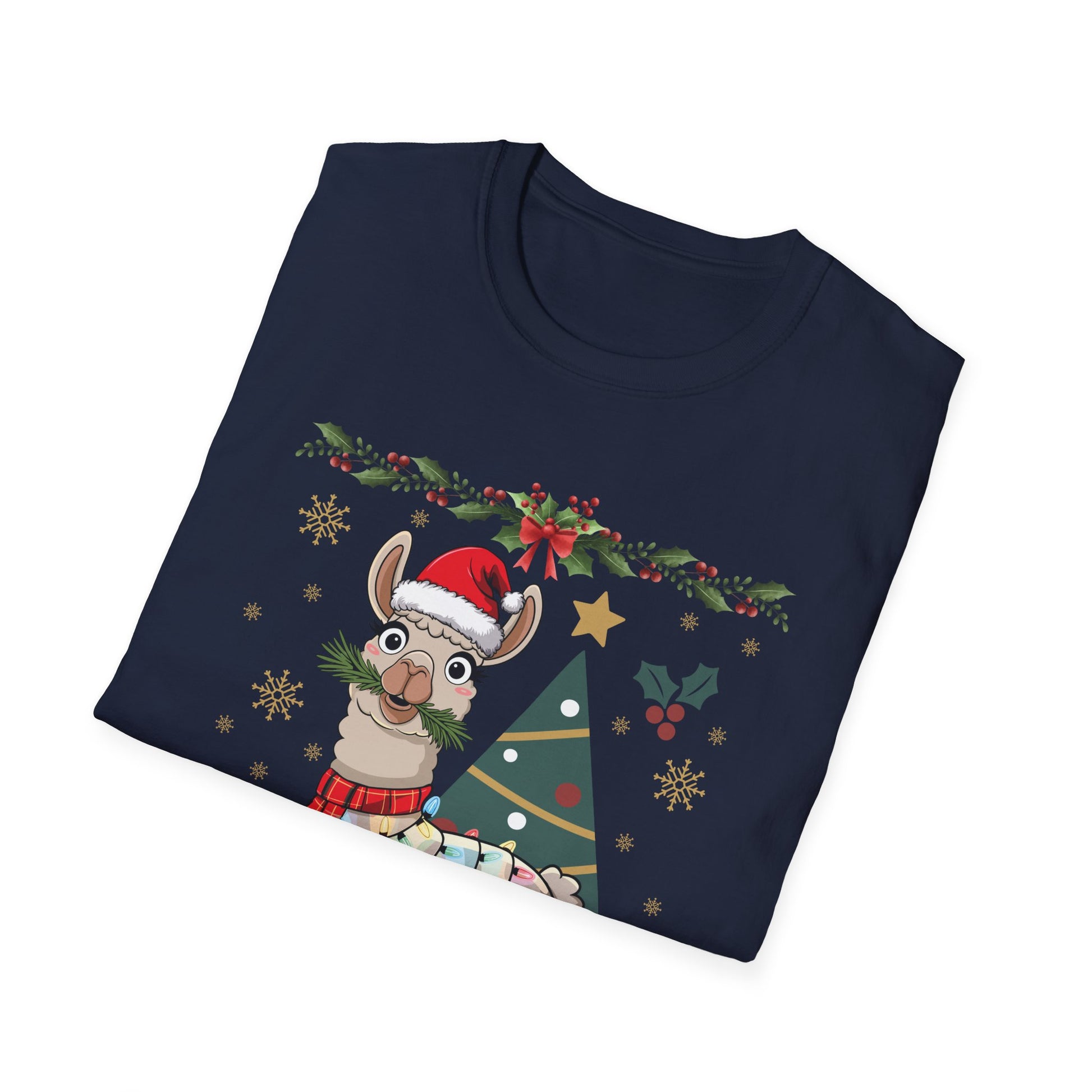Christmas Llama T-Shirt — Festive Holiday Alpaca with Lights & Tree