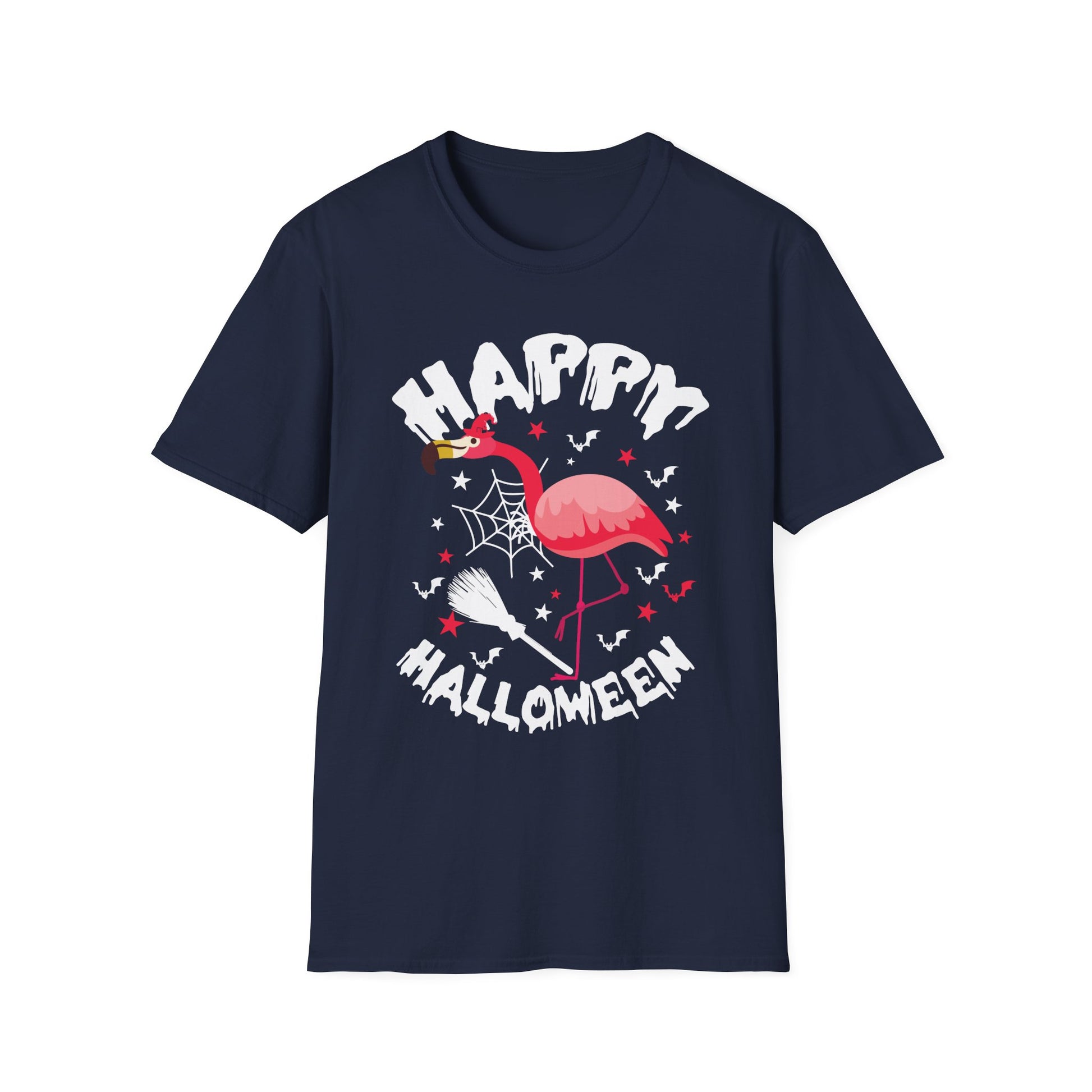 Happy Halloween Flamingo T-Shirt – Cute Spooky Pink Flamingo with Spiderweb & Bats