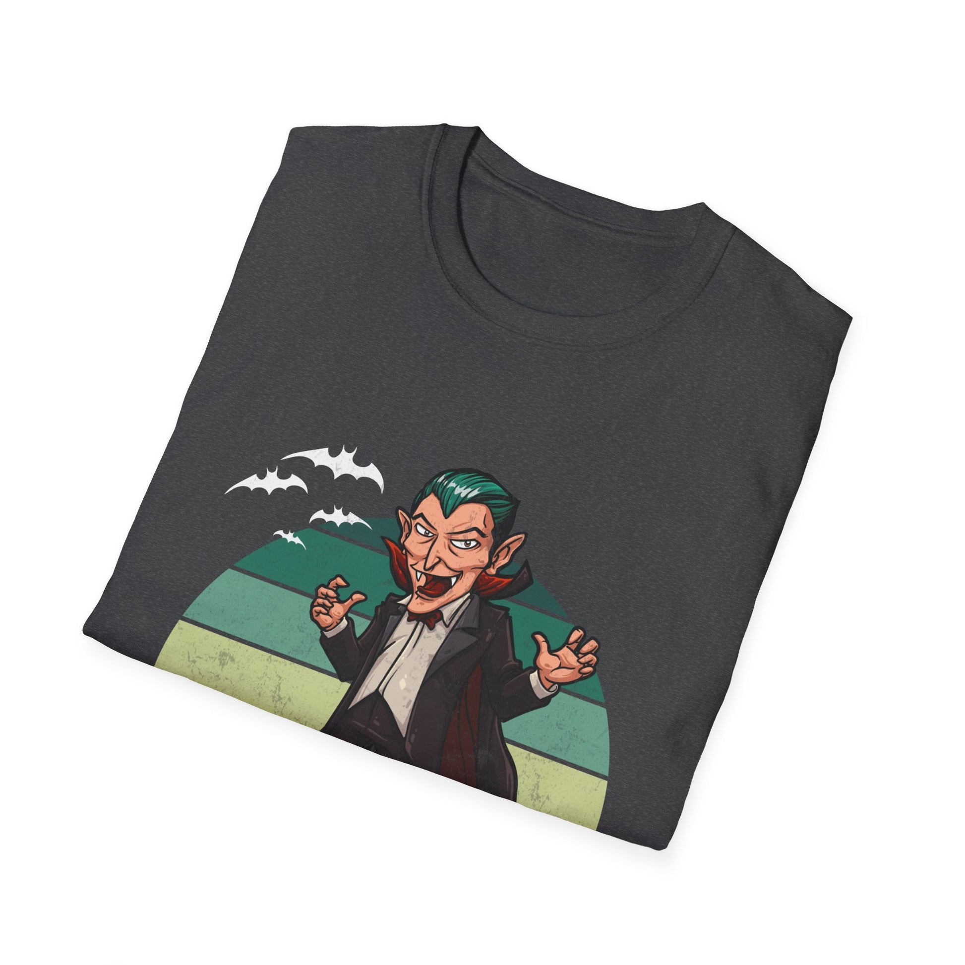 Vampire Cartoon Halloween T-Shirt — Retro Striped Dracula with Pumpkin