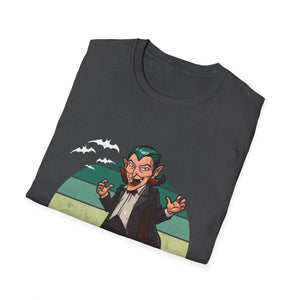 Vampire Cartoon Halloween T-Shirt — Retro Striped Dracula with Pumpkin