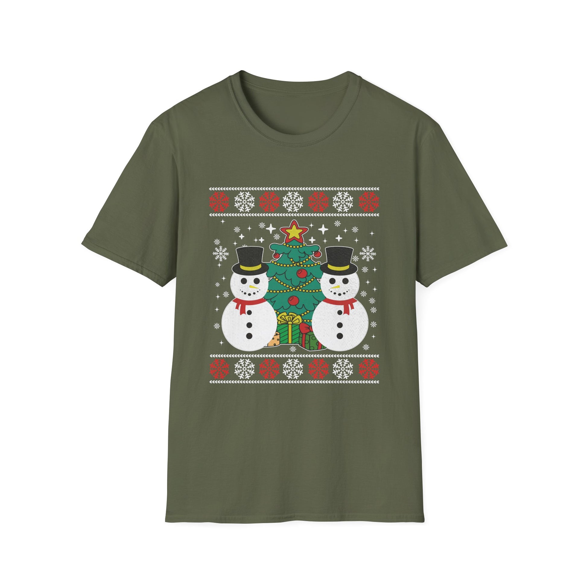 Christmas Snowmen T-Shirt — Festive Holiday Tree & Snowflake Tee