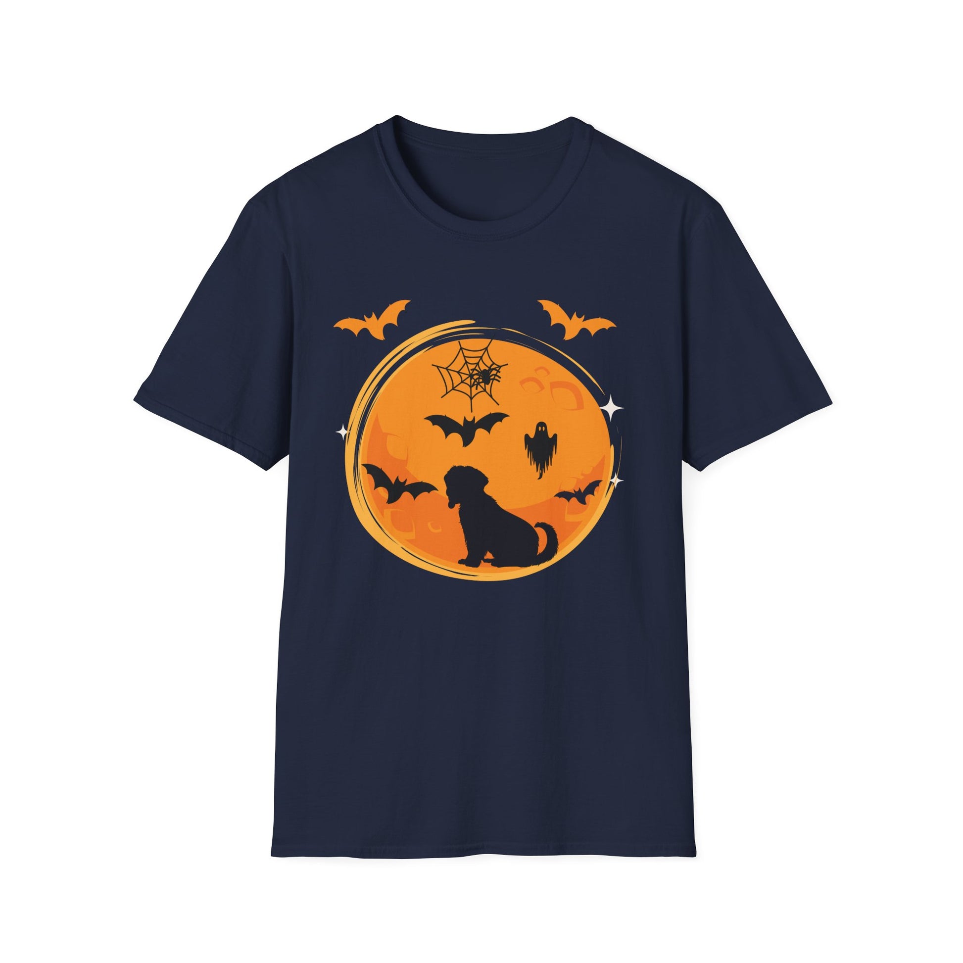 Halloween Dog T-Shirt — Black Moon, Bats & Spiderweb Graphic