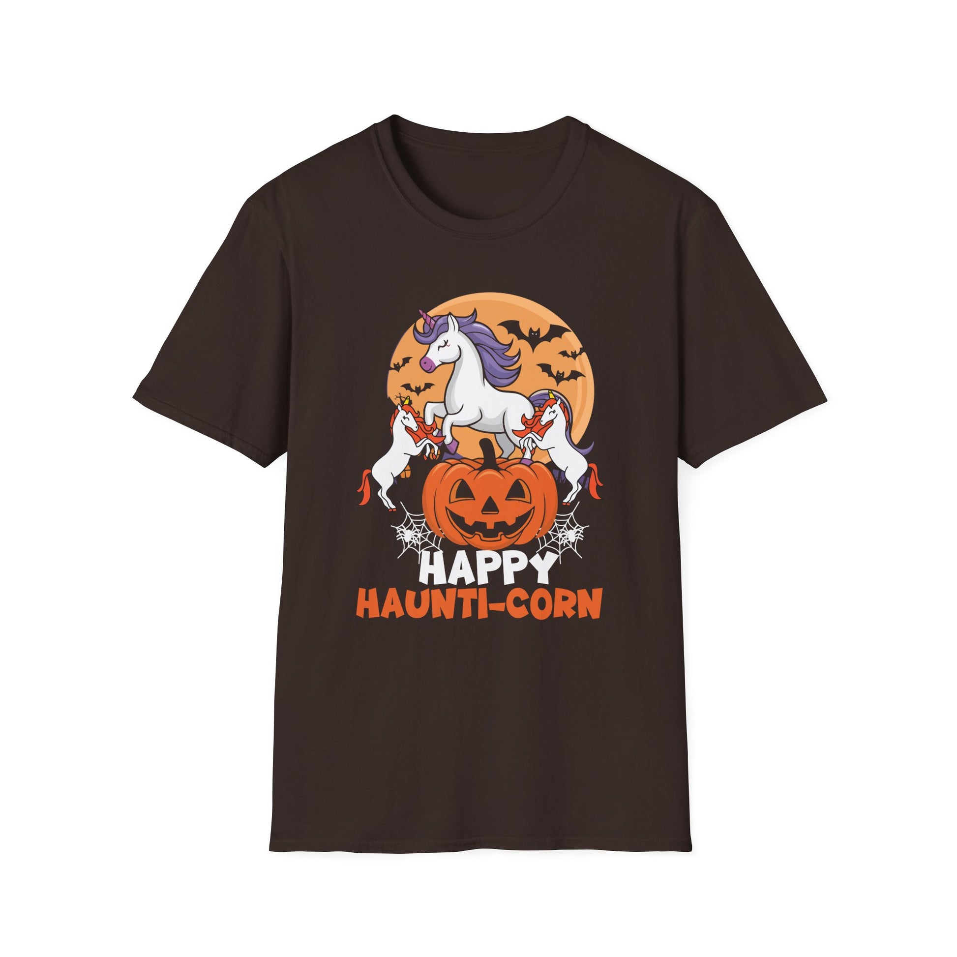 Halloween Unicorn T-Shirt — "Happy Haunti-Corn" Pumpkin & Bats Costume Tee