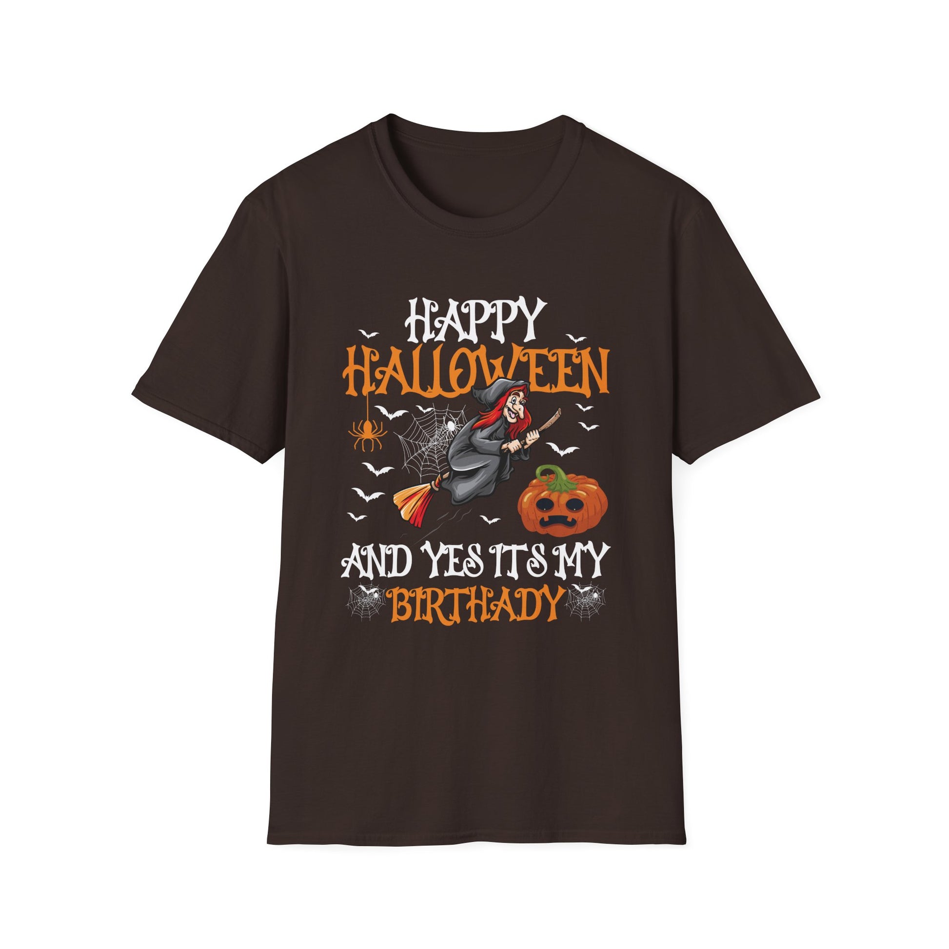 Halloween Birthday T-Shirt – “Happy Halloween And Yes It’s My Birthday” Pumpkin & Witch Tee