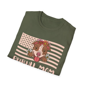 Pitbull Mom T-Shirt – Floral Pitbull with American Flag