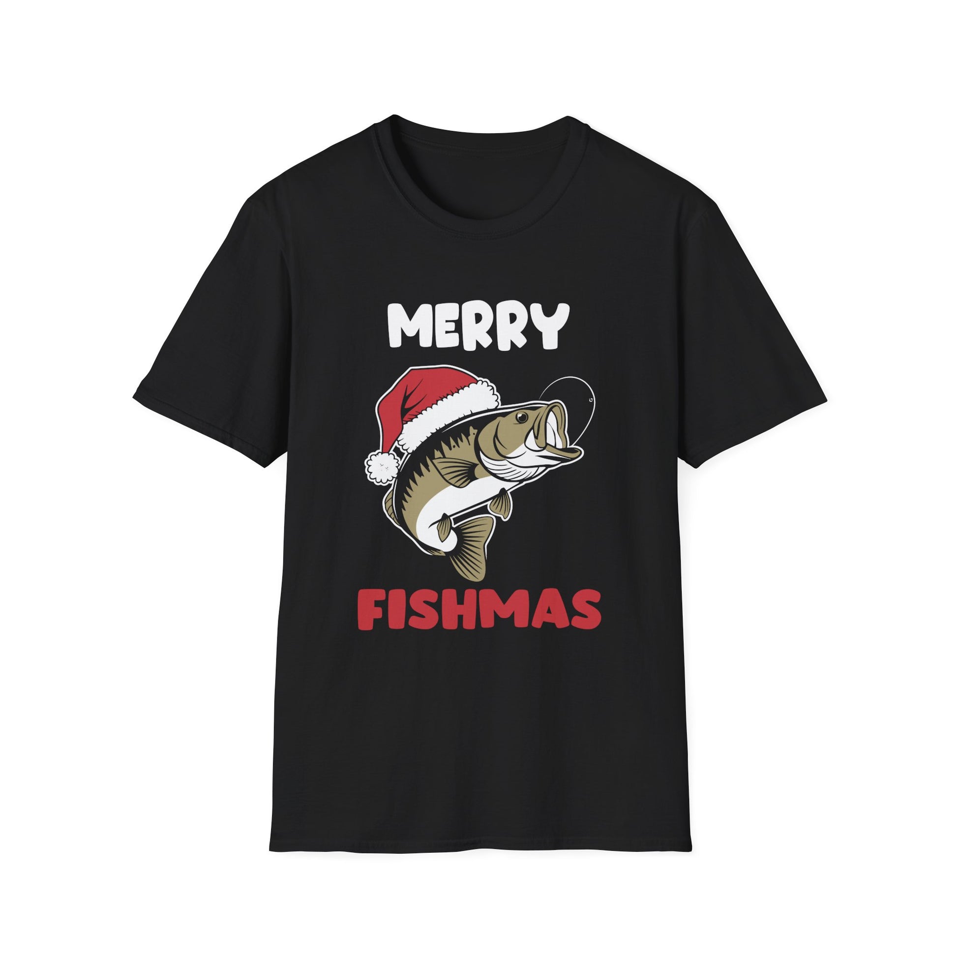 Merry Fishmas T-Shirt — Funny Christmas Fishing Shirt with Santa Hat Bass