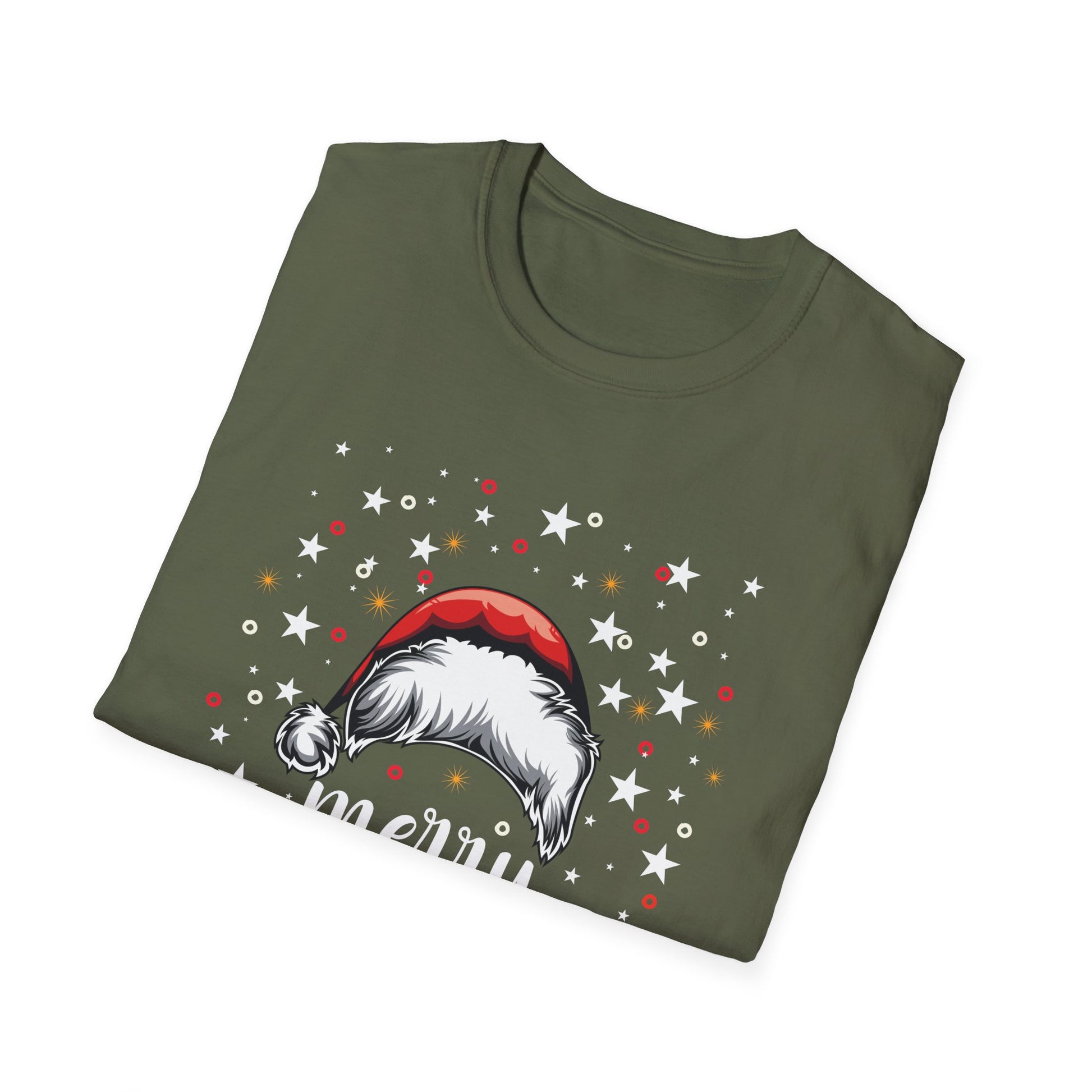 Christmas T-Shirt — "Merry Christmas" Santa Hat & Lights Holiday Tee