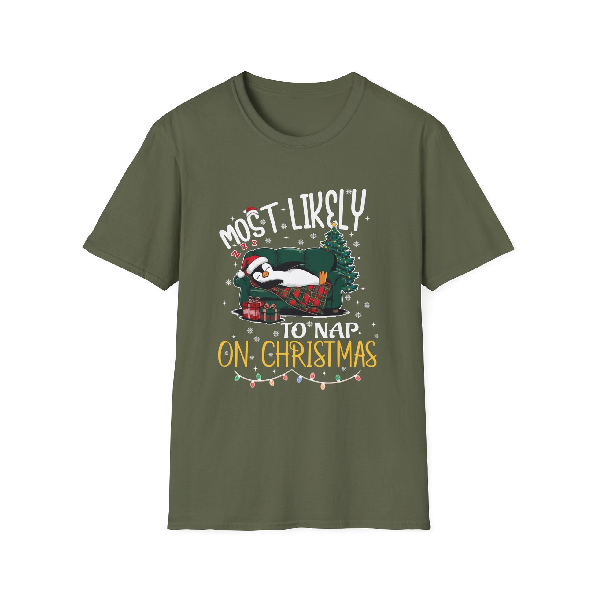Most Likely To Nap On Christmas Funny Family Christmas Unisex Softstyle T-Shirt