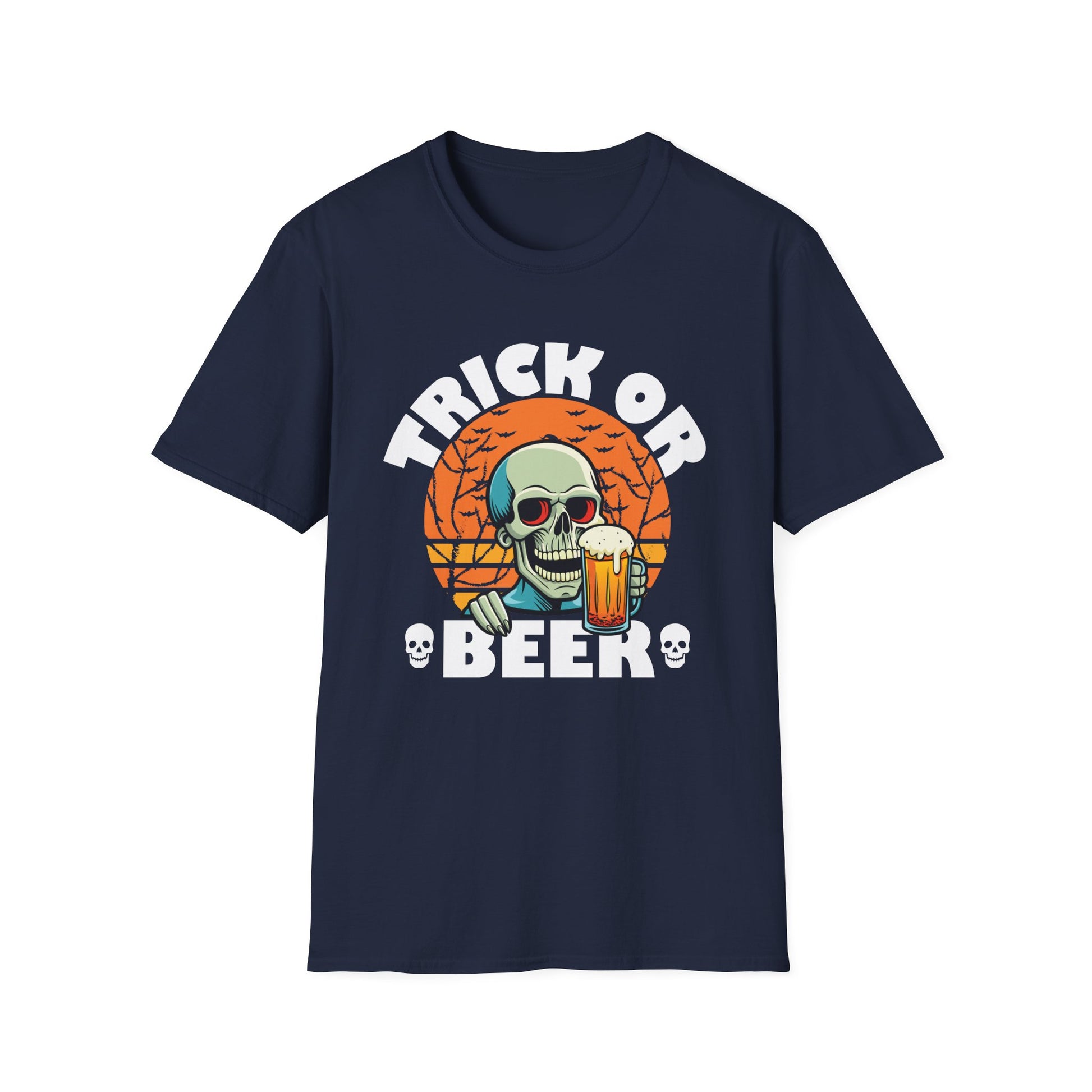 Trick or Beer T-Shirt — Halloween Skull Drinking Beer Graphic Tee