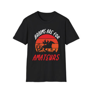 Witch Riding Horse T-Shirt – “Brooms Are For Amateurs” Retro Sunset Halloween Tee