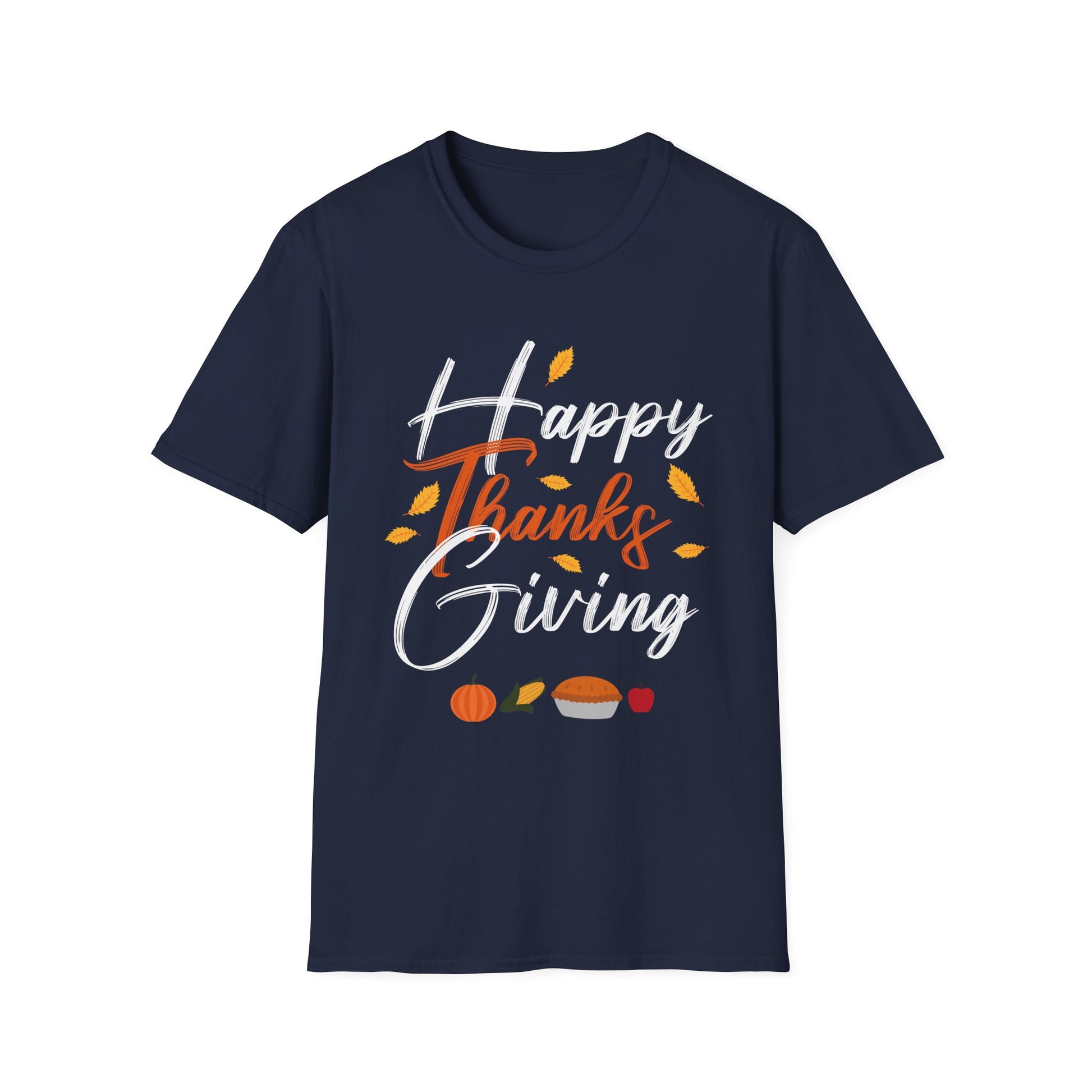 Thanksgiving T-Shirt — "Happy Thanks Giving" Fall Leaves & Pie Holiday Tee