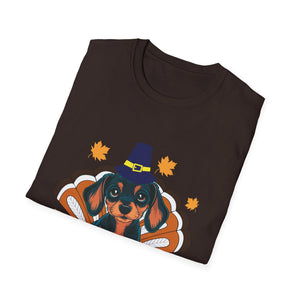 Thanksgiving Dachshund T-Shirt — Cute Turkey Costume Pup with Witch Hat & Autumn Leaves  Unisex T-Shirt
