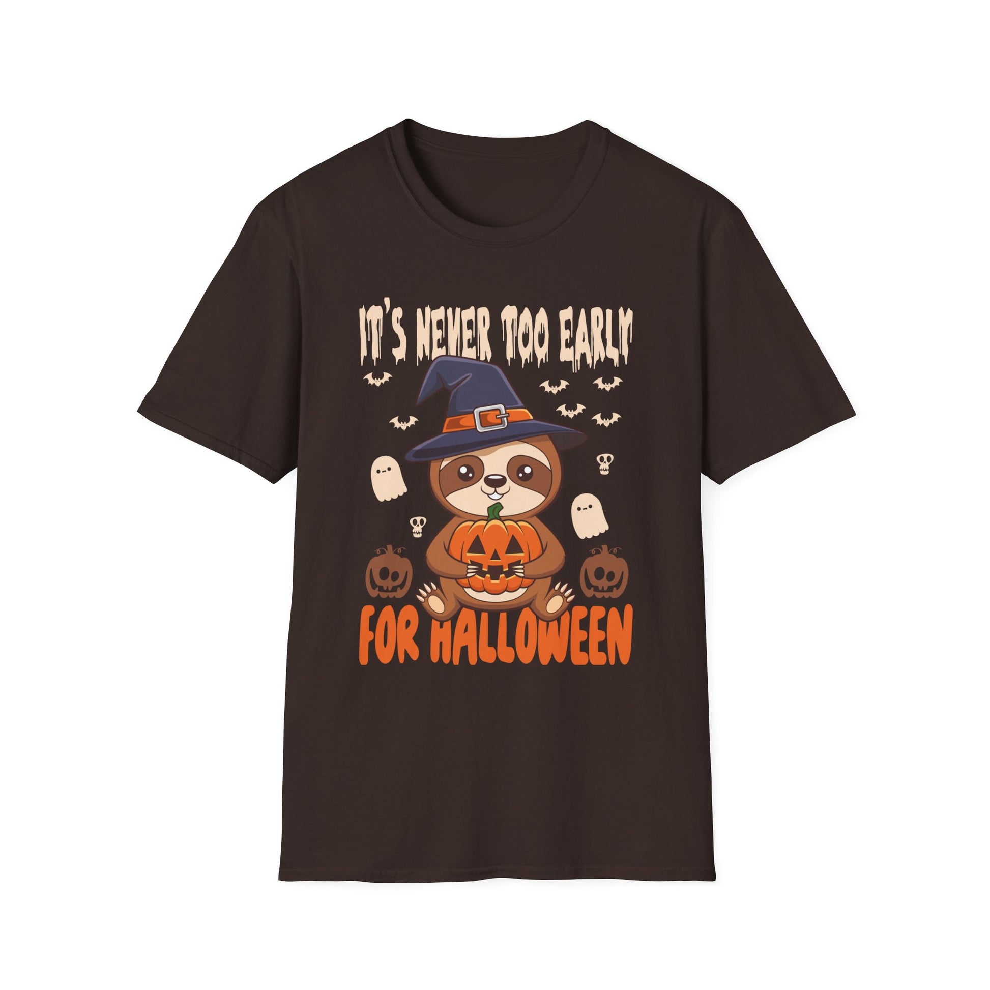 Halloween Sloth T-Shirt — "It's Never Too Early For Halloween" Cute Witch Sloth Pumpkin Tee