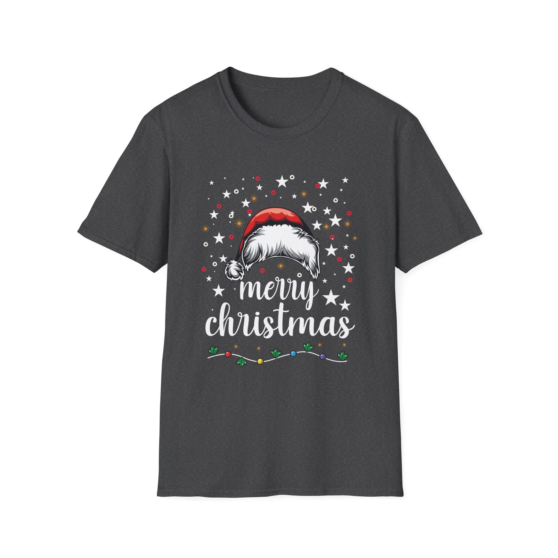 Christmas T-Shirt — "Merry Christmas" Santa Hat & Lights Holiday Tee
