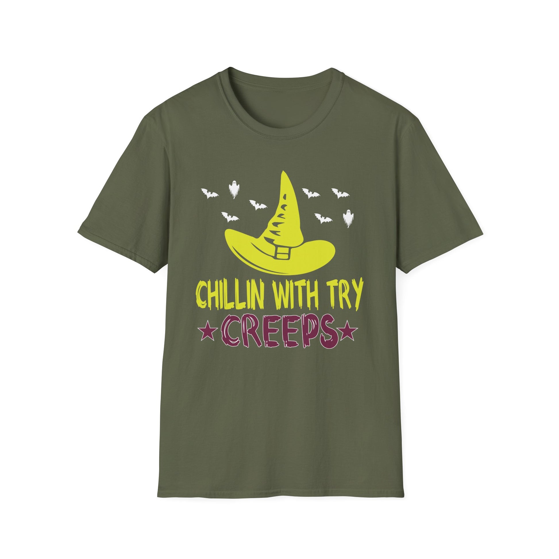 Halloween T-Shirt — "Chillin' With My Creeps" Witch Hat & Bats Graphic