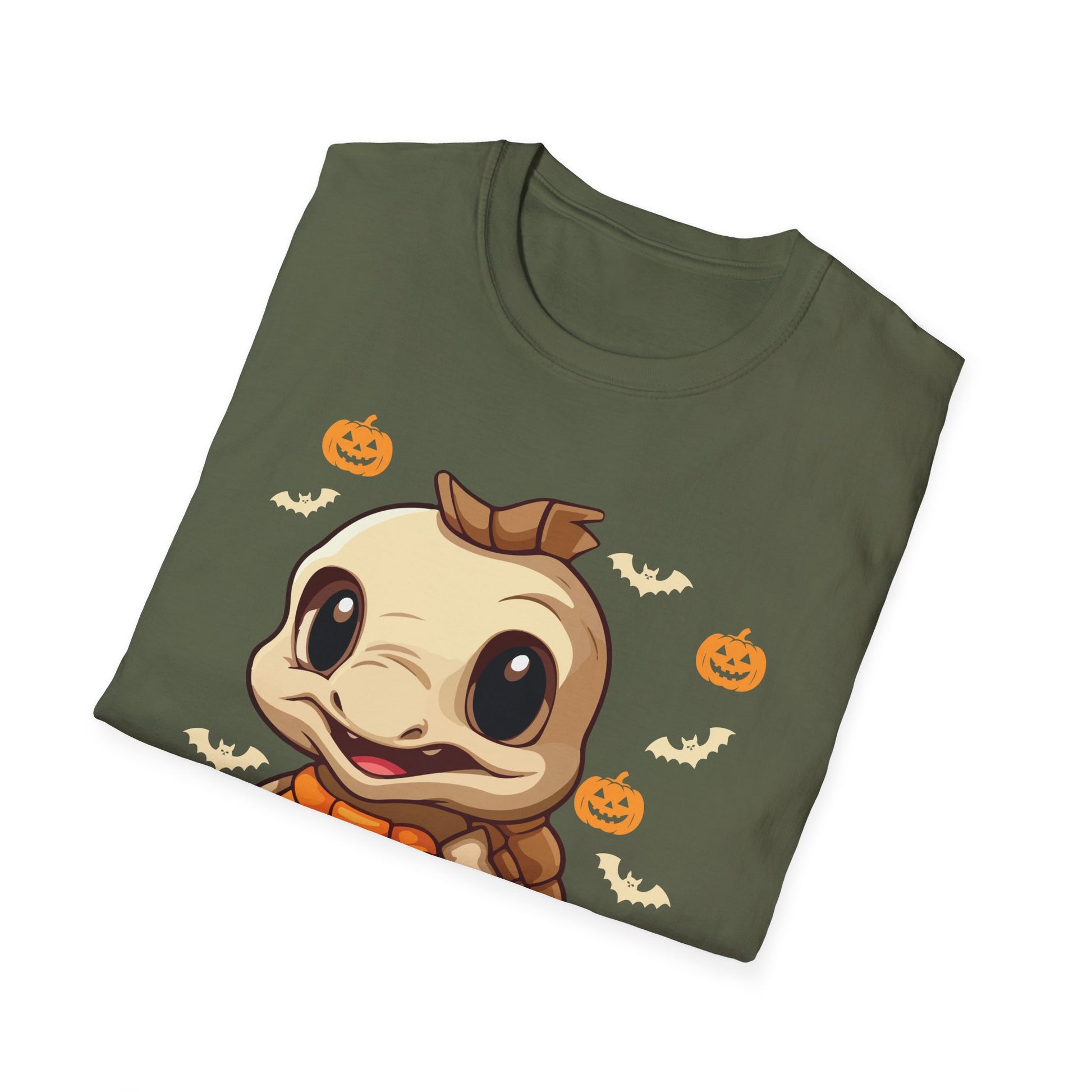 Cute Dinosaur Halloween T-Shirt — Baby Dino with Jack-O'-Lantern Pumpkins