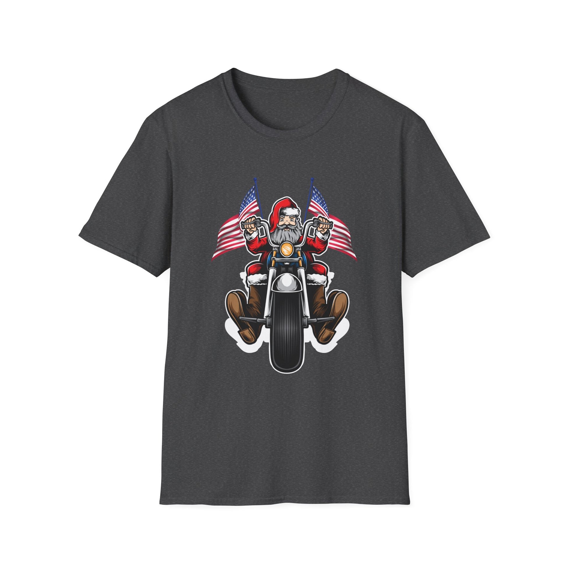 Santa Riding Motorcycle on Christmas - Biker US Flag Unisex Softstyle T-Shirt