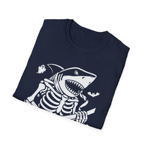 Shark Skeleton Samurai T-Shirt — Halloween Pirate Sword Graphic Tee