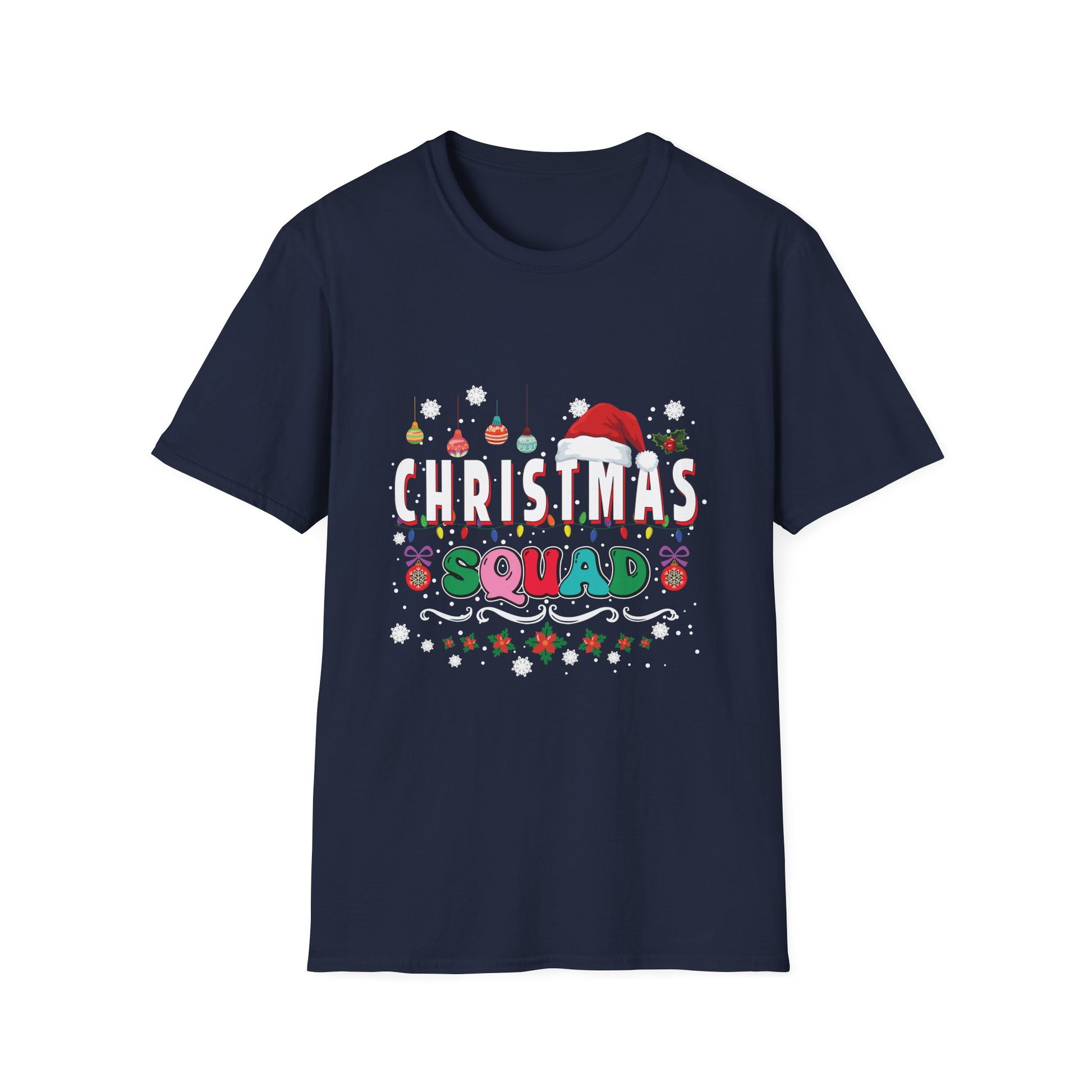 Christmas Squad T-Shirt — Festive Holiday Family Tee with Santa Hat & Ornaments