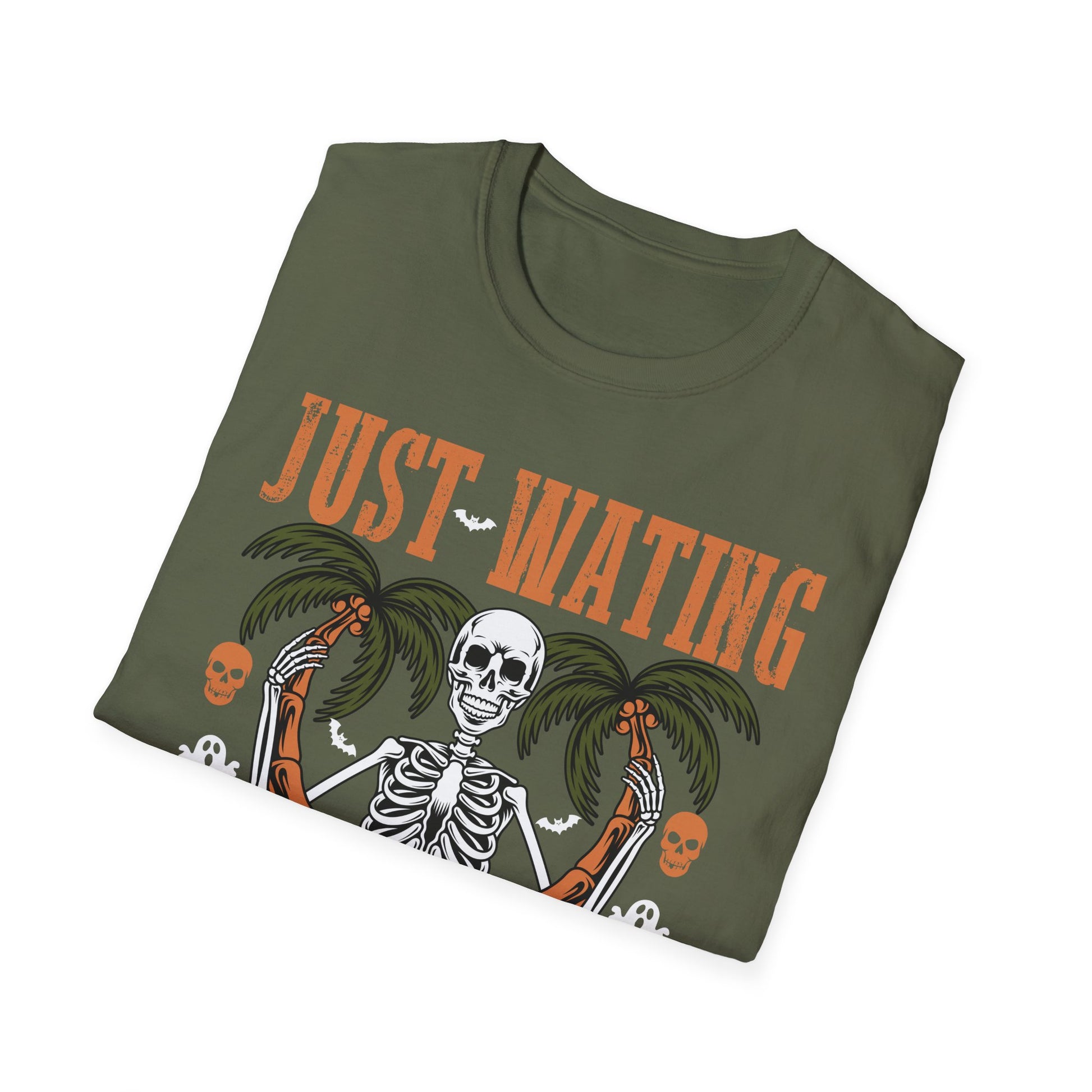 Halloween Skeleton Palm Tree T-Shirt — "Just Waiting Halloween" Graphic Tee